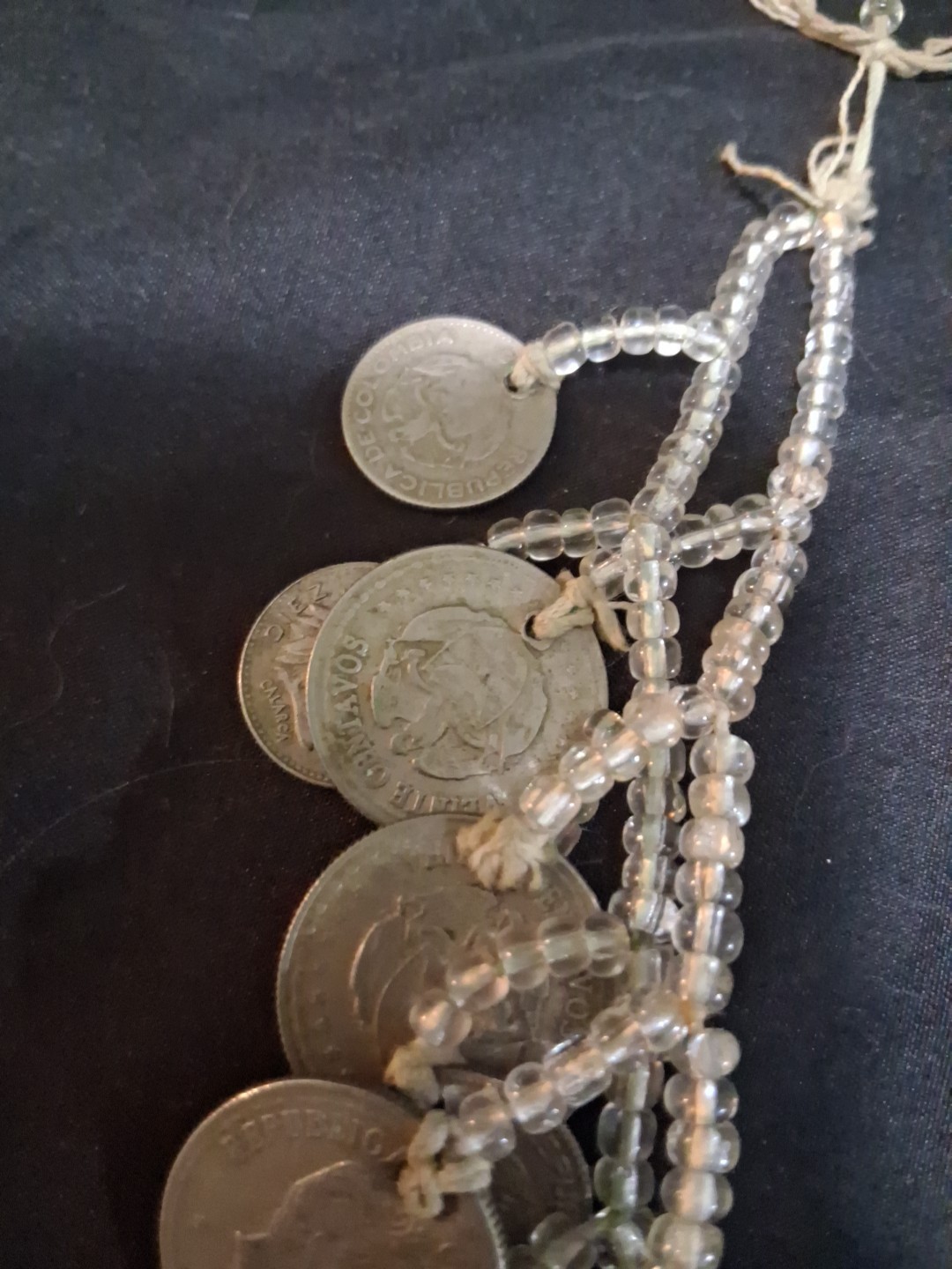 Coins From Around The World Necklace 1930s-60s Clear Beads String Custom Made