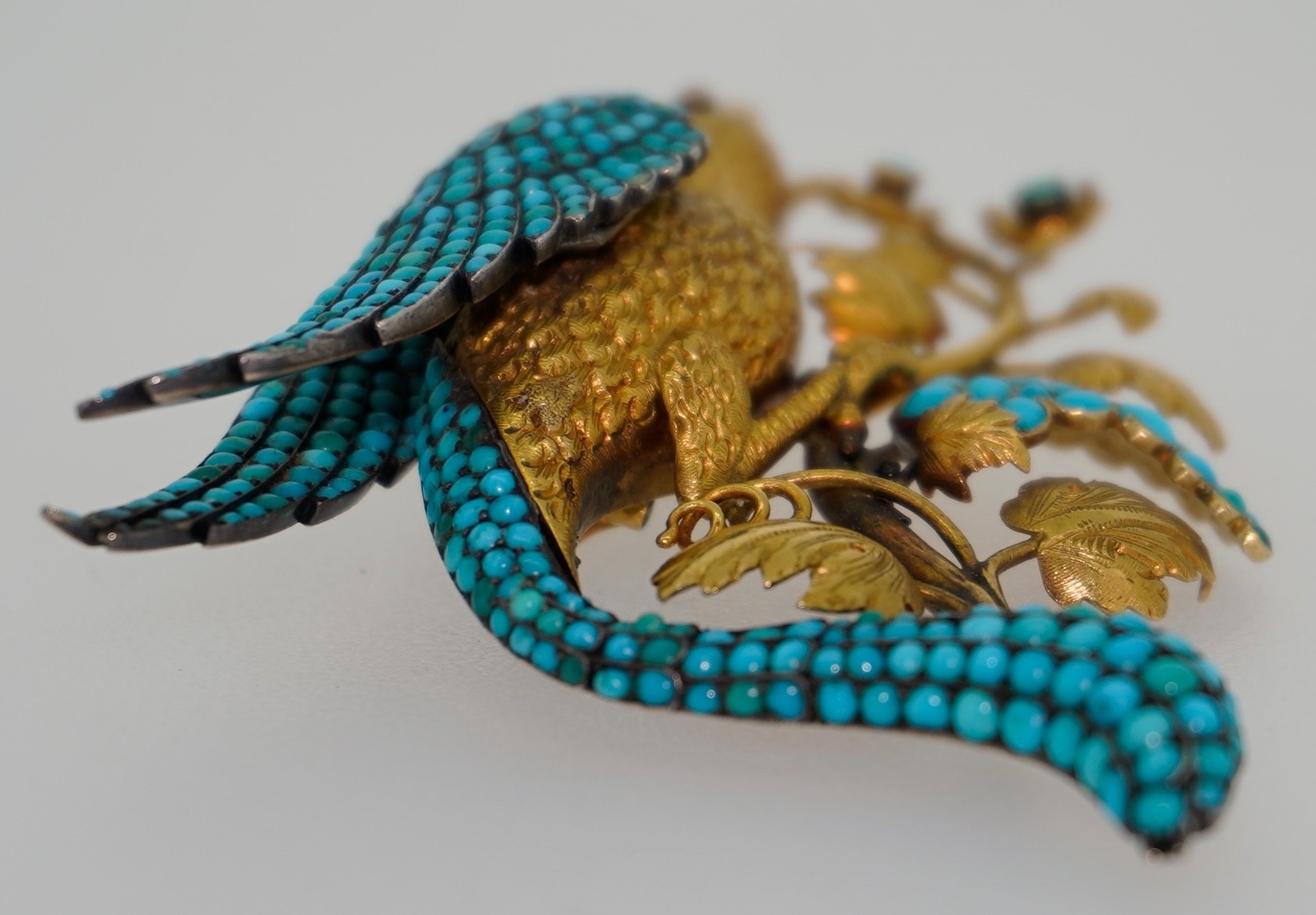 Antique 18K Pave Turquoise & Ruby French Bird Brooch