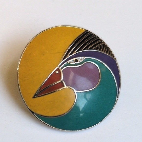 Vtg Laurel Burch Harlequin Bird Earrings – Round Circle Gold Tone Studs Yellow