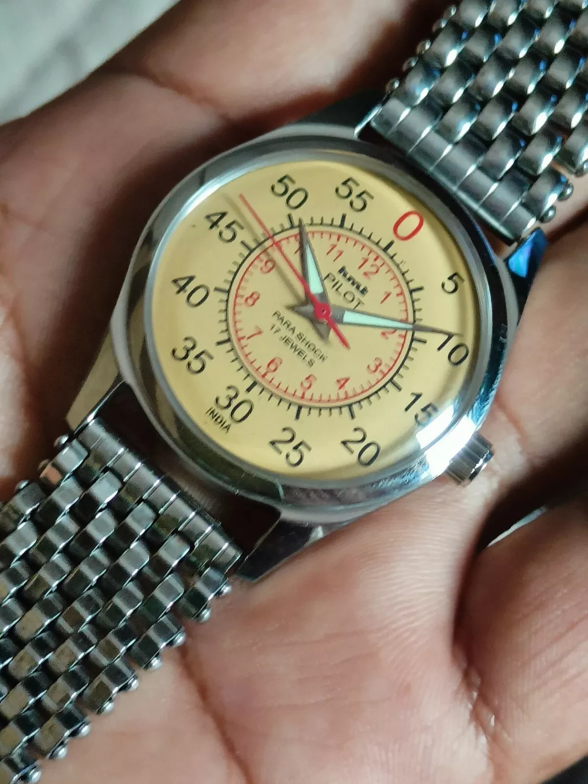 Vintage HMT Pilot Yellow Mechanical hand winding Watch Bracelet Strap 17 Jewels*