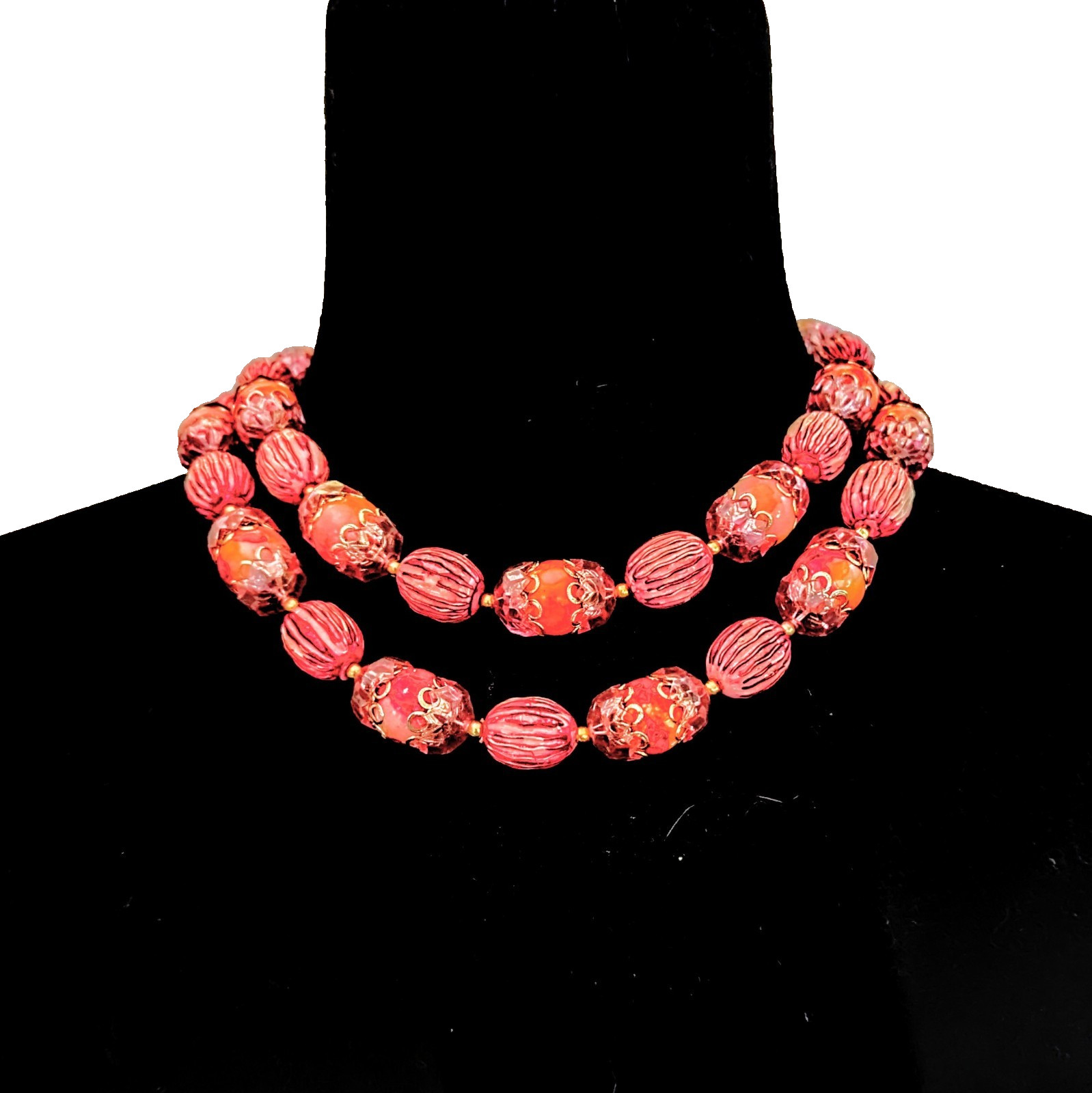 1960’s Hong Kong Double Strand Choker Bib Pink Orange Cap Bead Necklace 17-19″