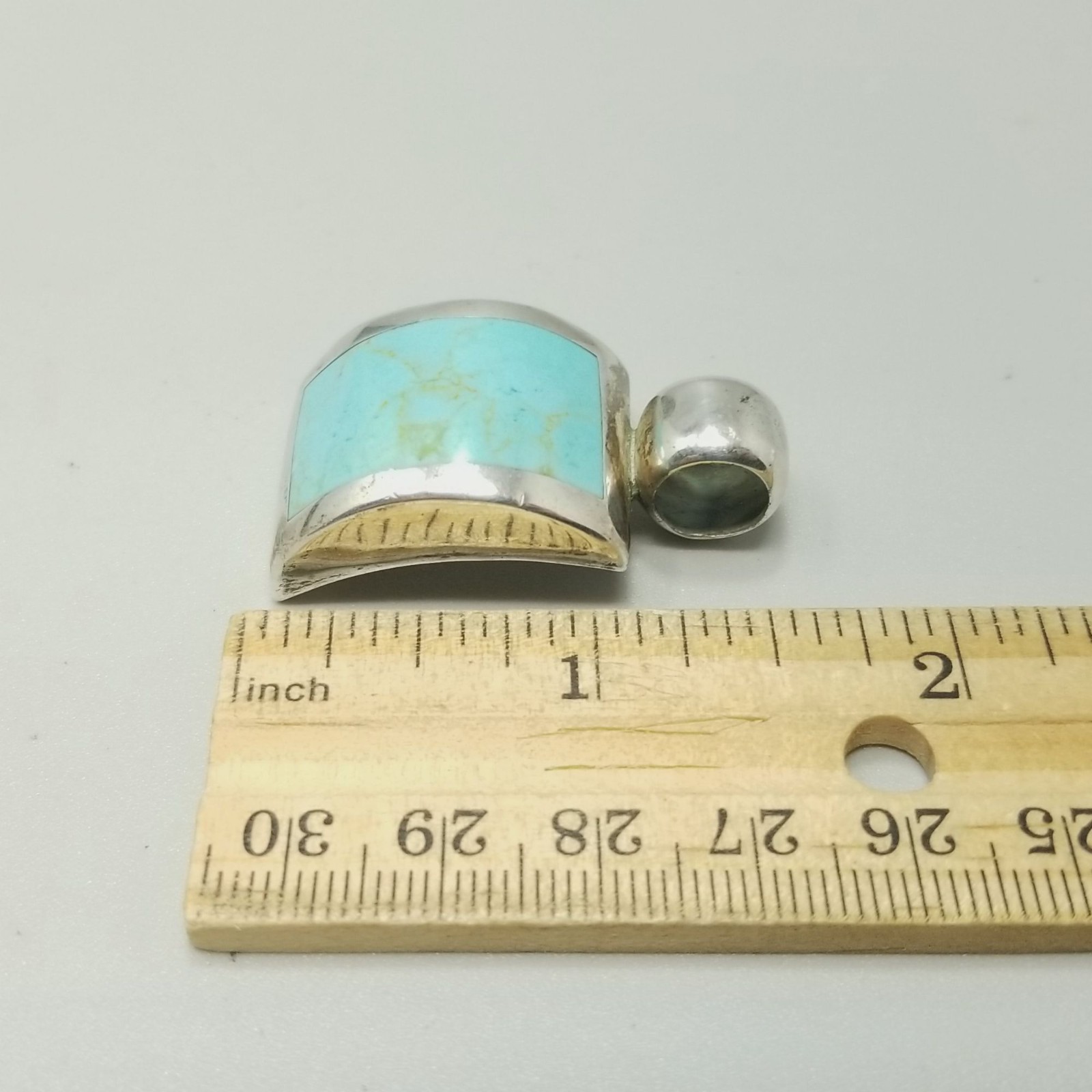 Vintage Sterling Silver Blue Stone Pendant Curved Rectangle Mexico 1 1/2 Inch