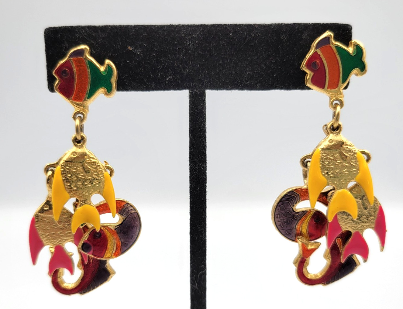 Vintage Don-Lin Enamel Tropical Fish Dangle Drop Earrings Pierced Gold Tone