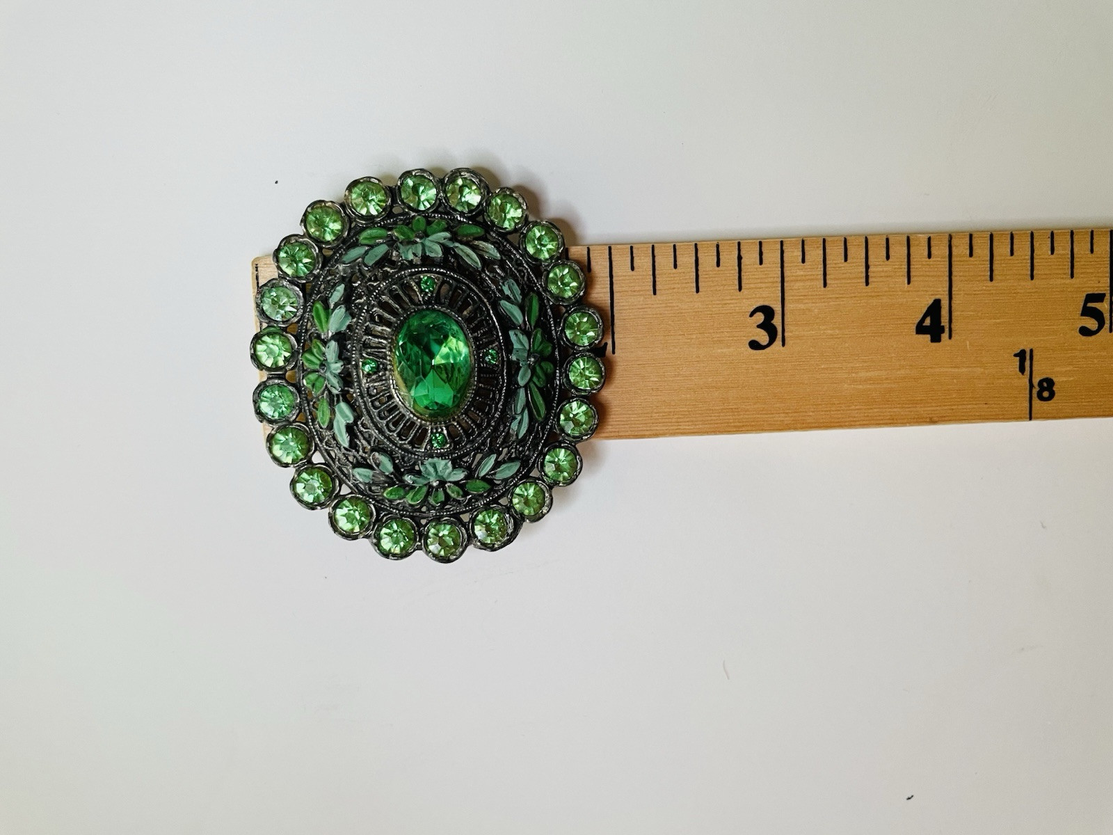 Vintage Estate Brooch Signed L/N Little Nemo Green Rhinestones Repousse Enamel