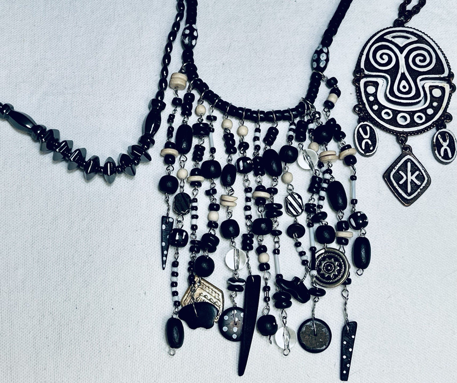 Lot 3 Vintage Estate Necklaces Ethnic Tribal African Statement Black Brown White
