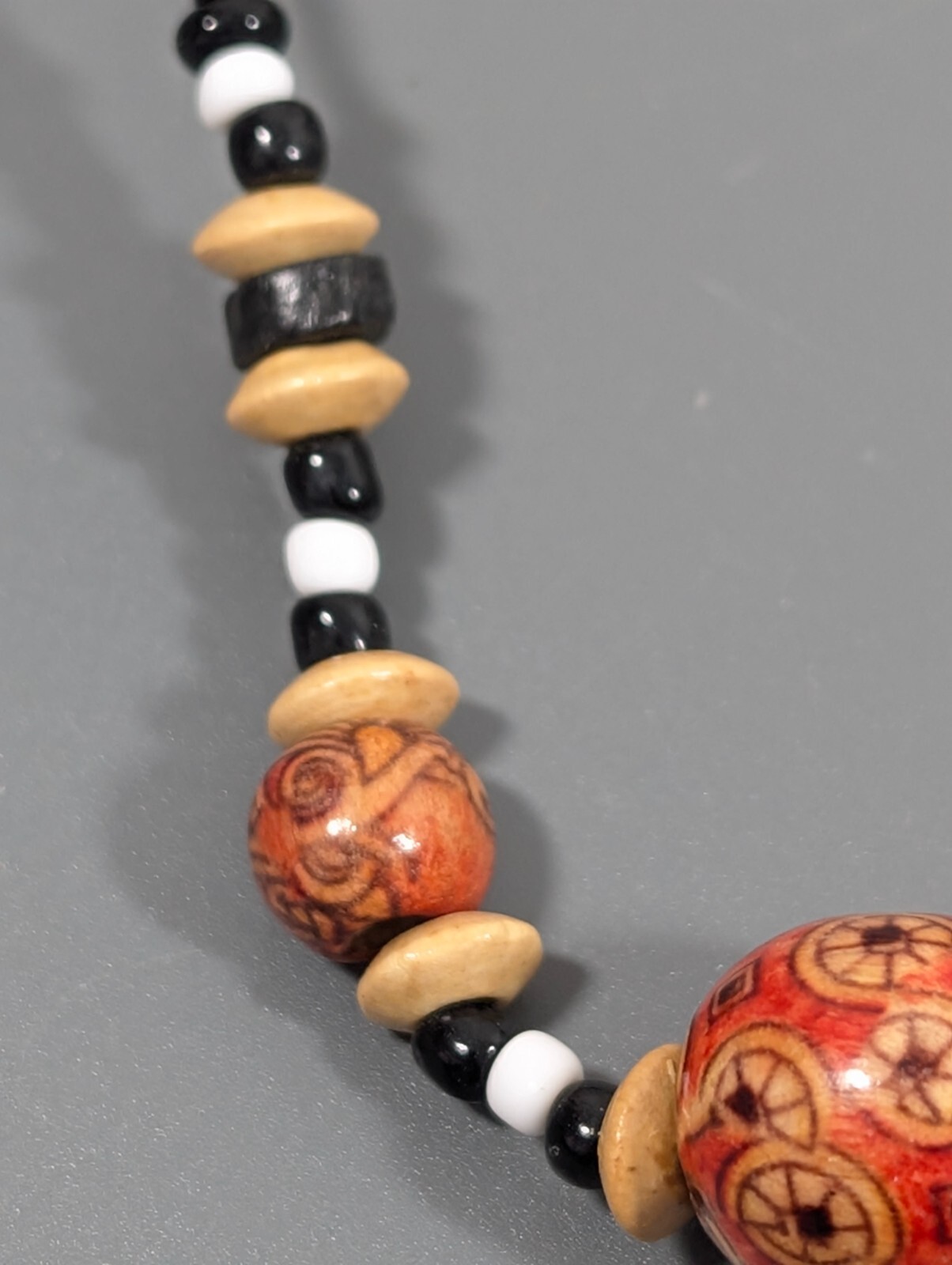 Vintage Brown Wood Tribal Boho Western Black Bead Necklace 20 in