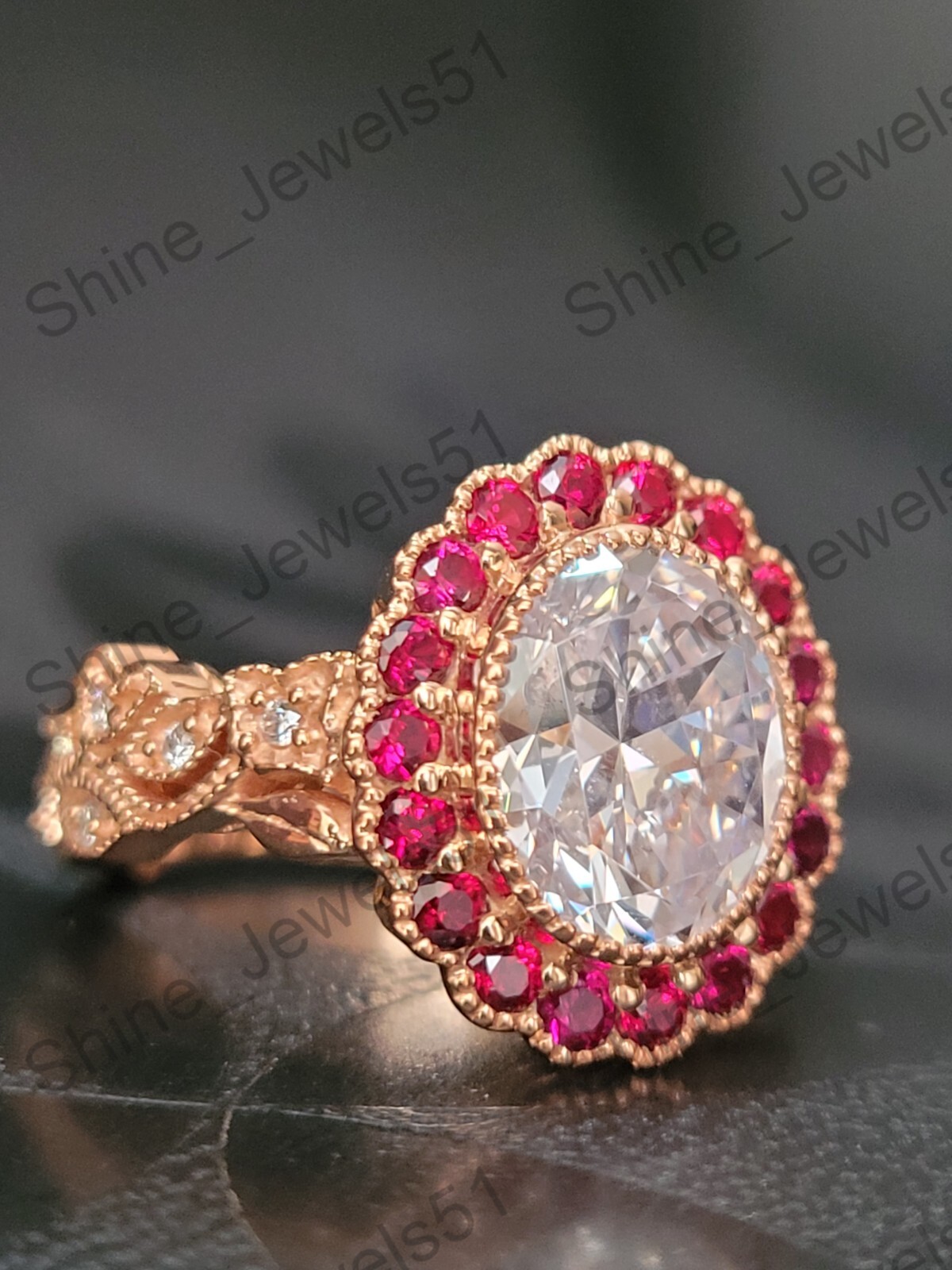 Art Deco Oval Cut Lab Created Diamond & Ruby Halo Wedding Bridal 925 Silver Ring