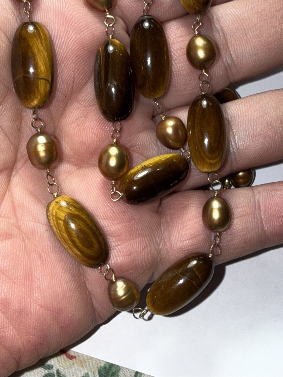 Necklace 2 Strand Tiger’s Eye Cultured Pearl Vermeil Toggle Clasp Vintage Unused