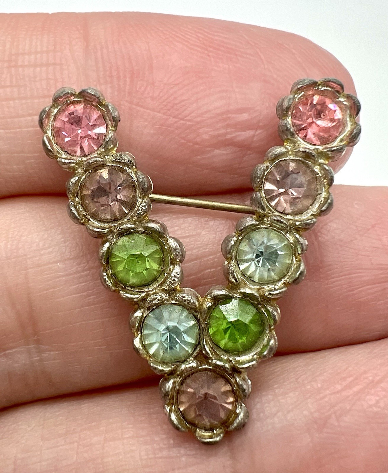 Vintage Little Nemo V (Victory) Pin/Brooch W/ Multi-Color Chatham Rhinestones
