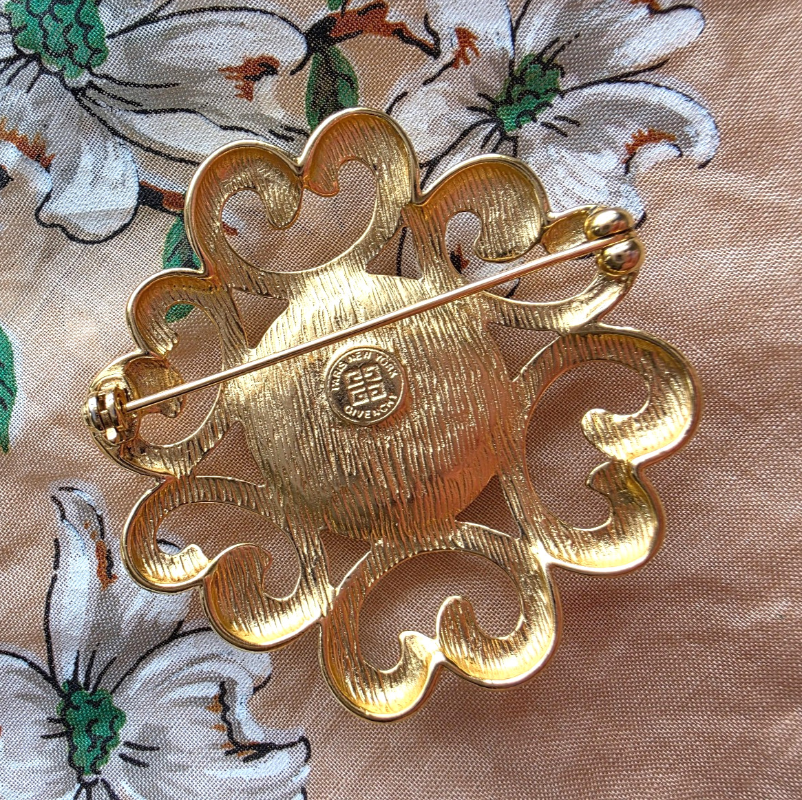 Vintage Signed Givenchy Brooch Pin Faux Pearl Open Work Gold Tone 2″