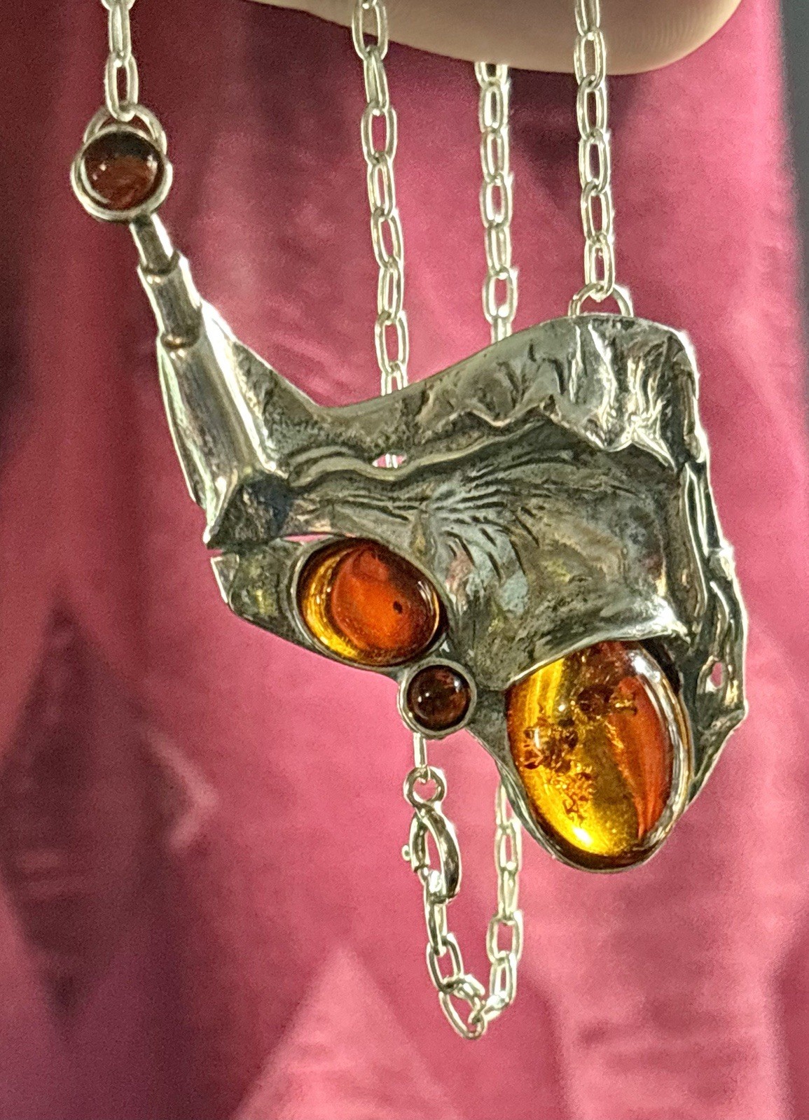 Vintage 17” Sterling & Amber Brutalist Necklace / Amazing!!