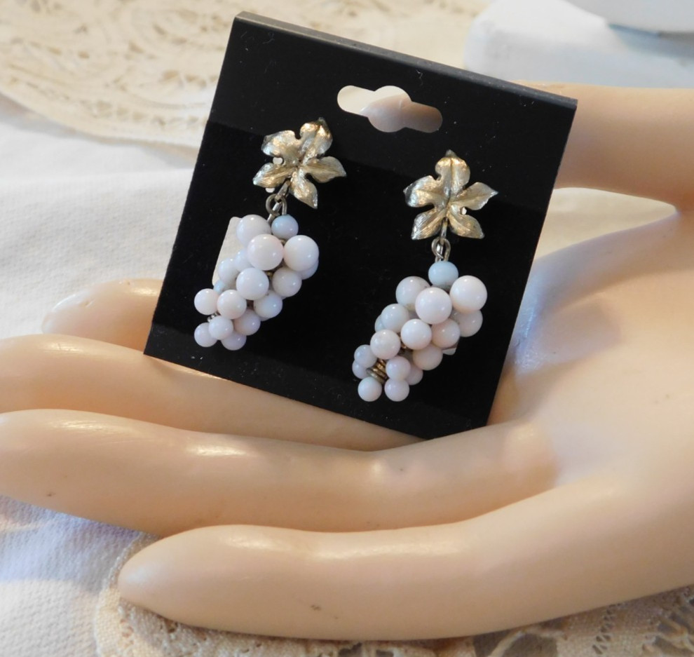 Angel Skin Coral Beaded Clip on Earrings Vintage Grape Clusters