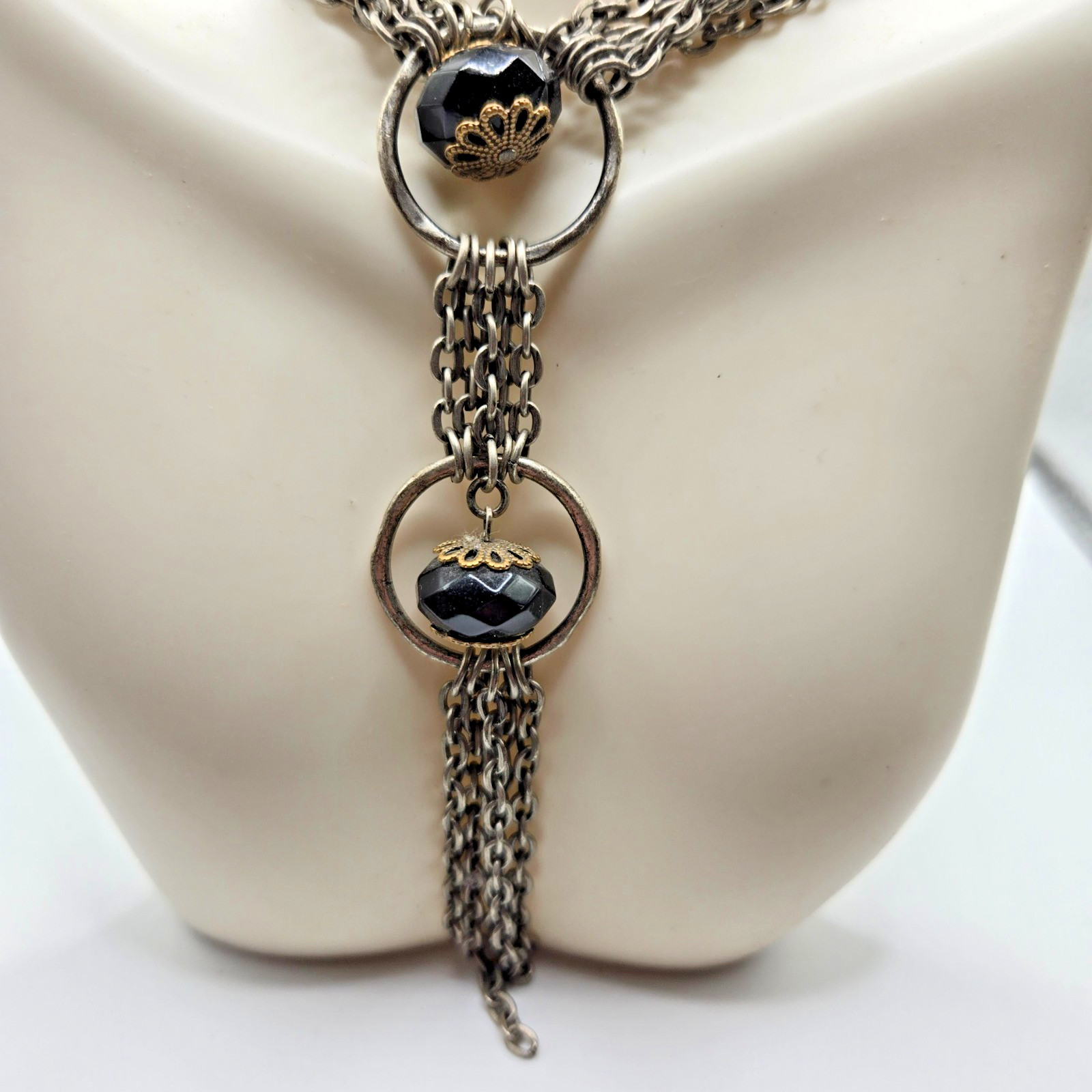 VTG Statement Necklace Layered Chain Black Beads Silvertone 18 in overall length
