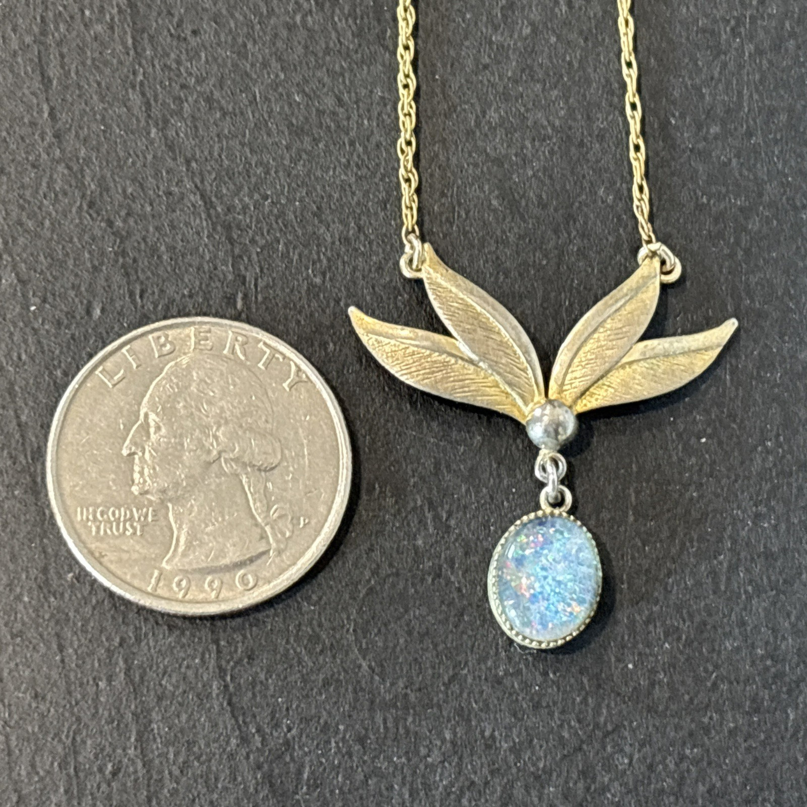 Delicate 1/20 12KGF Opal Pendant 16”Necklace Flower Leaf Design Vintage Marked