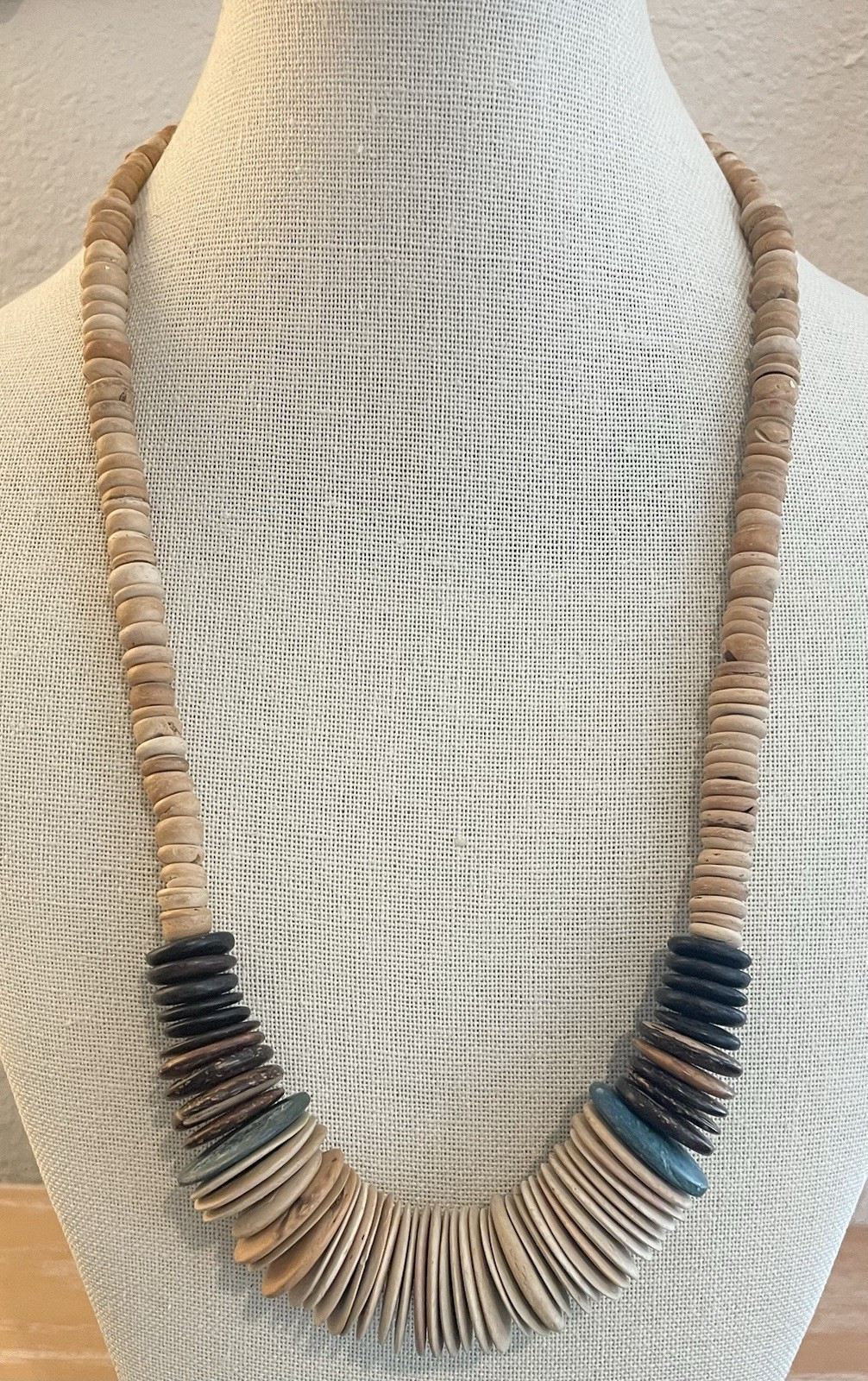 Vintage Wood Disc Brown Blue Statement Barrel Clasp Necklace