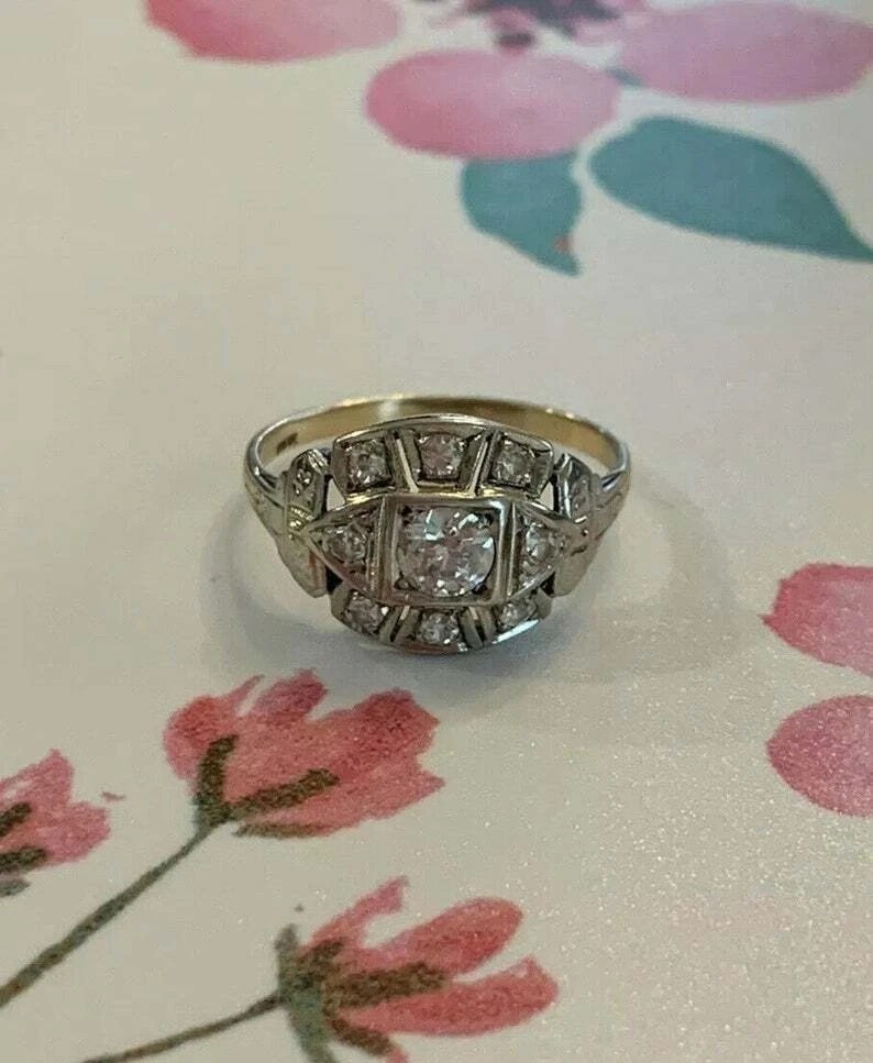 Art Deco Style Round Cut Lab Created Diamond Engagement Bride 925 Silver Ring