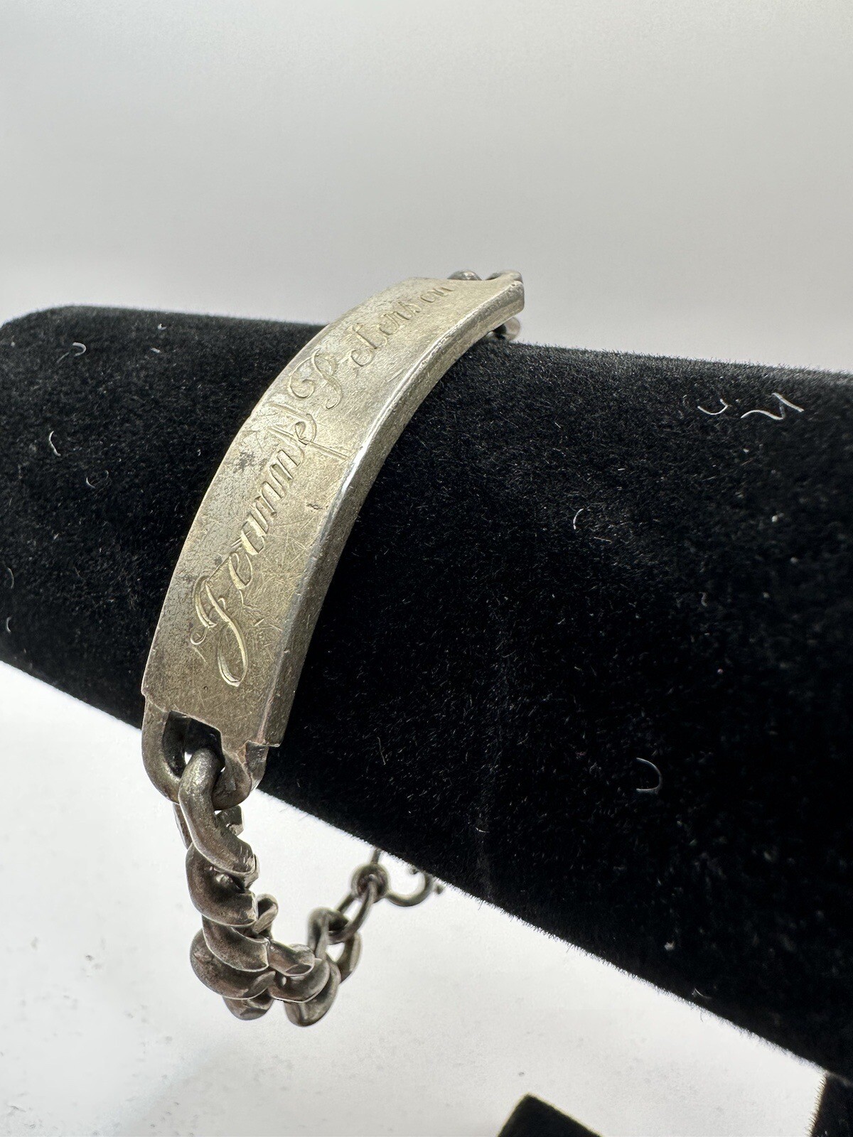 Sterling Silver Vintage Identity ID Bracelet, “Jeanne Petersen” 8-inch Curb