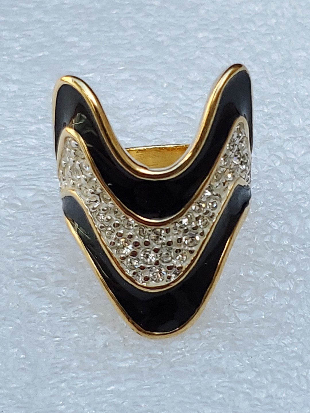 Vintage 18K Yellow Gold Plated Black Enamel And Rhinestones Ring Size 8