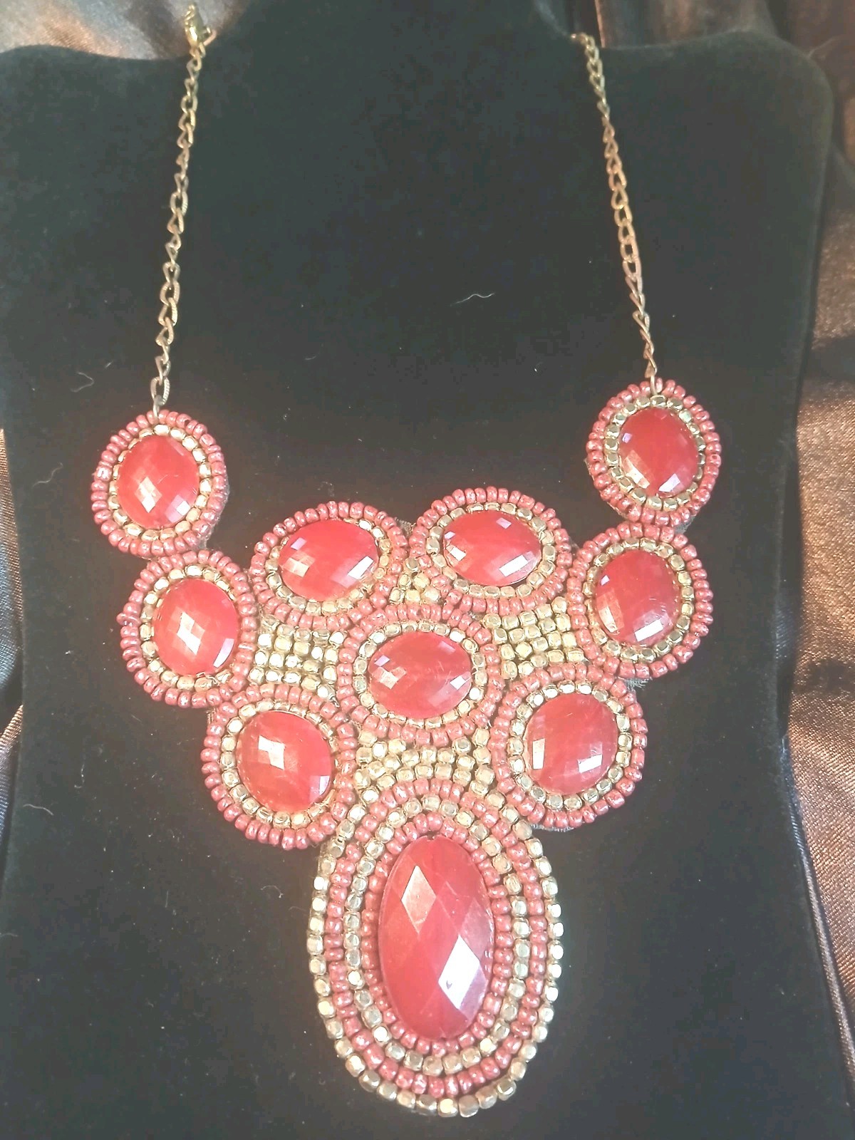 Vintage ZAD Necklace Bold Red Beads Gold Tone Boho Adjustable Signed 11-12 in