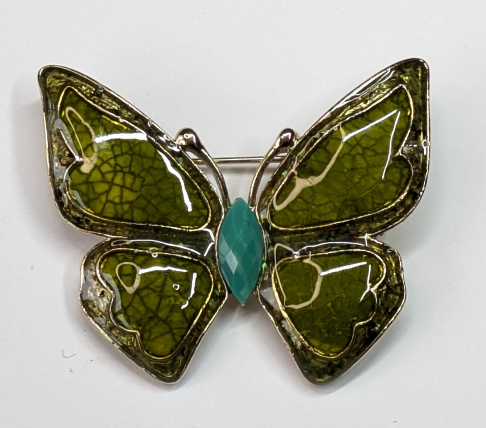 VTG Liz Claiborne Green Enamel Blue Rhinestone Butterfly Statement Brooch Pin