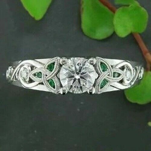 Art Deco Style Lab Created Diamond &Emerald Anniversary 14K White Gold FN Ring