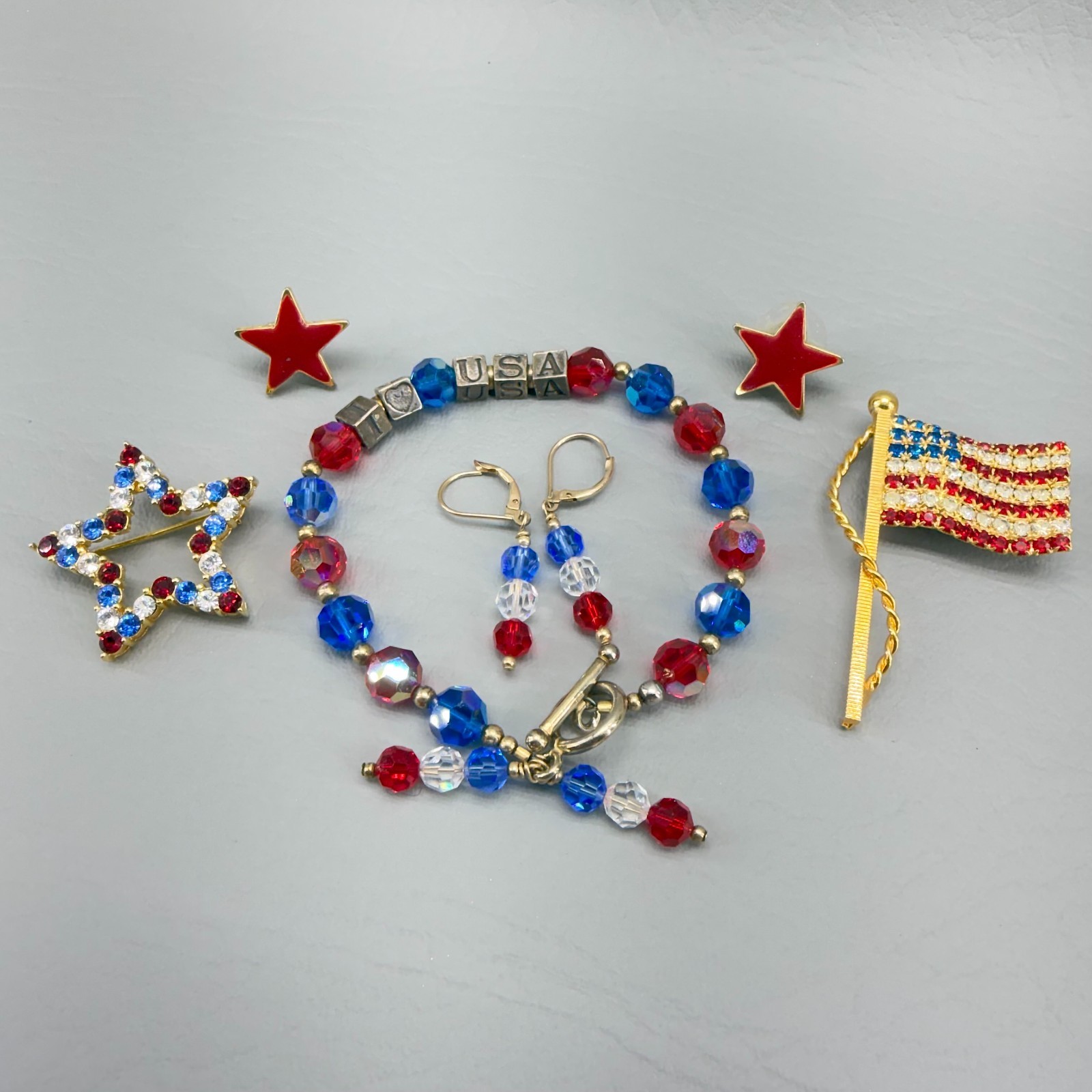 Patriotic Jewelry Lot Earrings Bracelet Joan Rivers Brooch