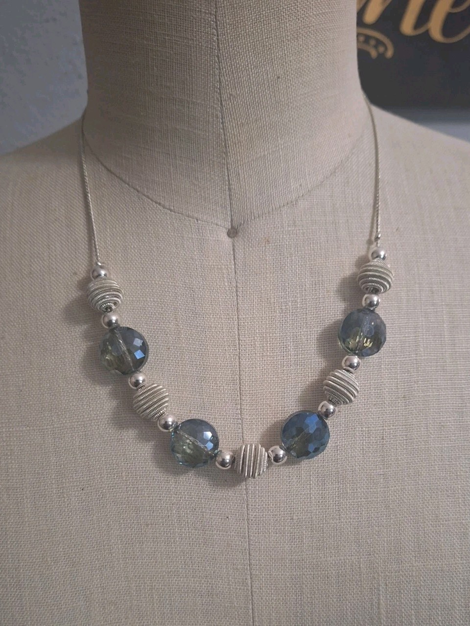 Vintage Crown Trifari Blue/Grey AB Faceted Glass And Metal Beaded Necklace