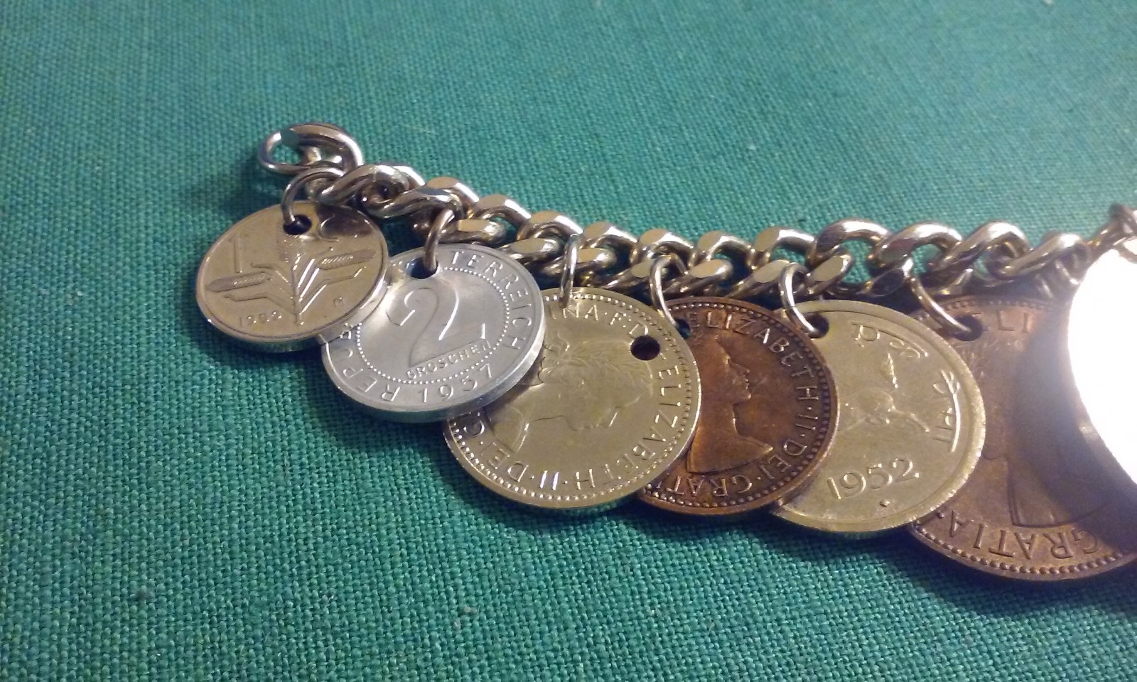 Vintage 15 RARE 1950’s Coin Charm Bracelet South Africa, India, Osterreich 8″