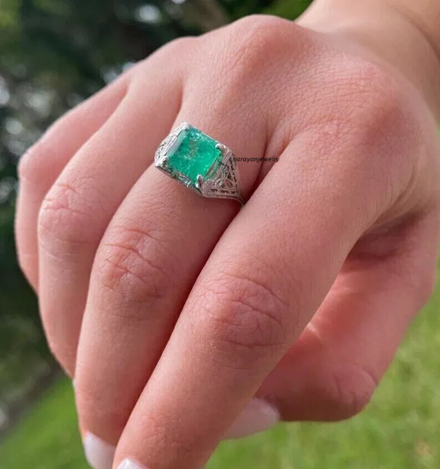Edwardian 3Ct Green Emerald Art Deco Vintage Women Ring 14K White Gold Plated