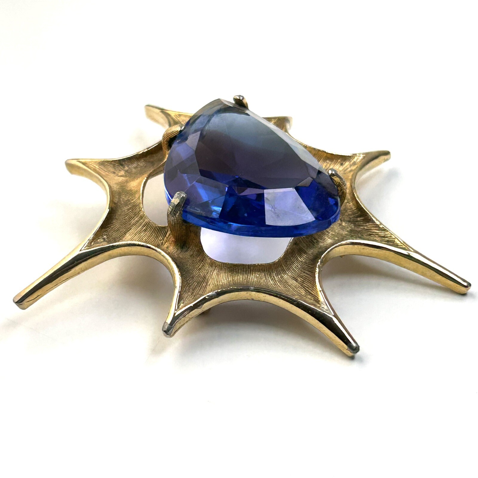Atomic Blast Brooch Pin Signed BSK Gold Tone Blue Stone Starburst Vintage MCM