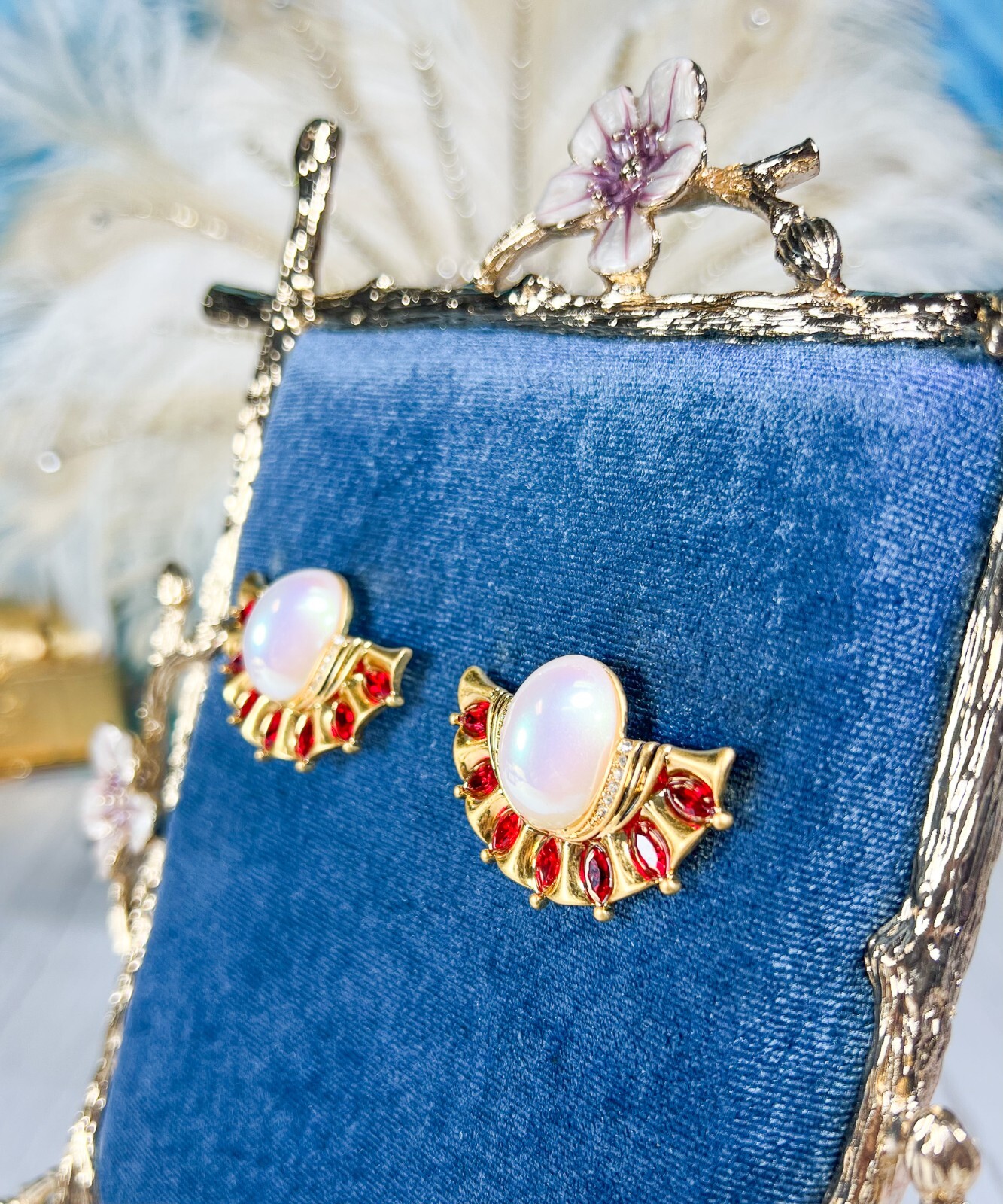 Victorian 14K Gold Earrings, Vintage Opal Sapphire Earrings, Ruby Red Earrings