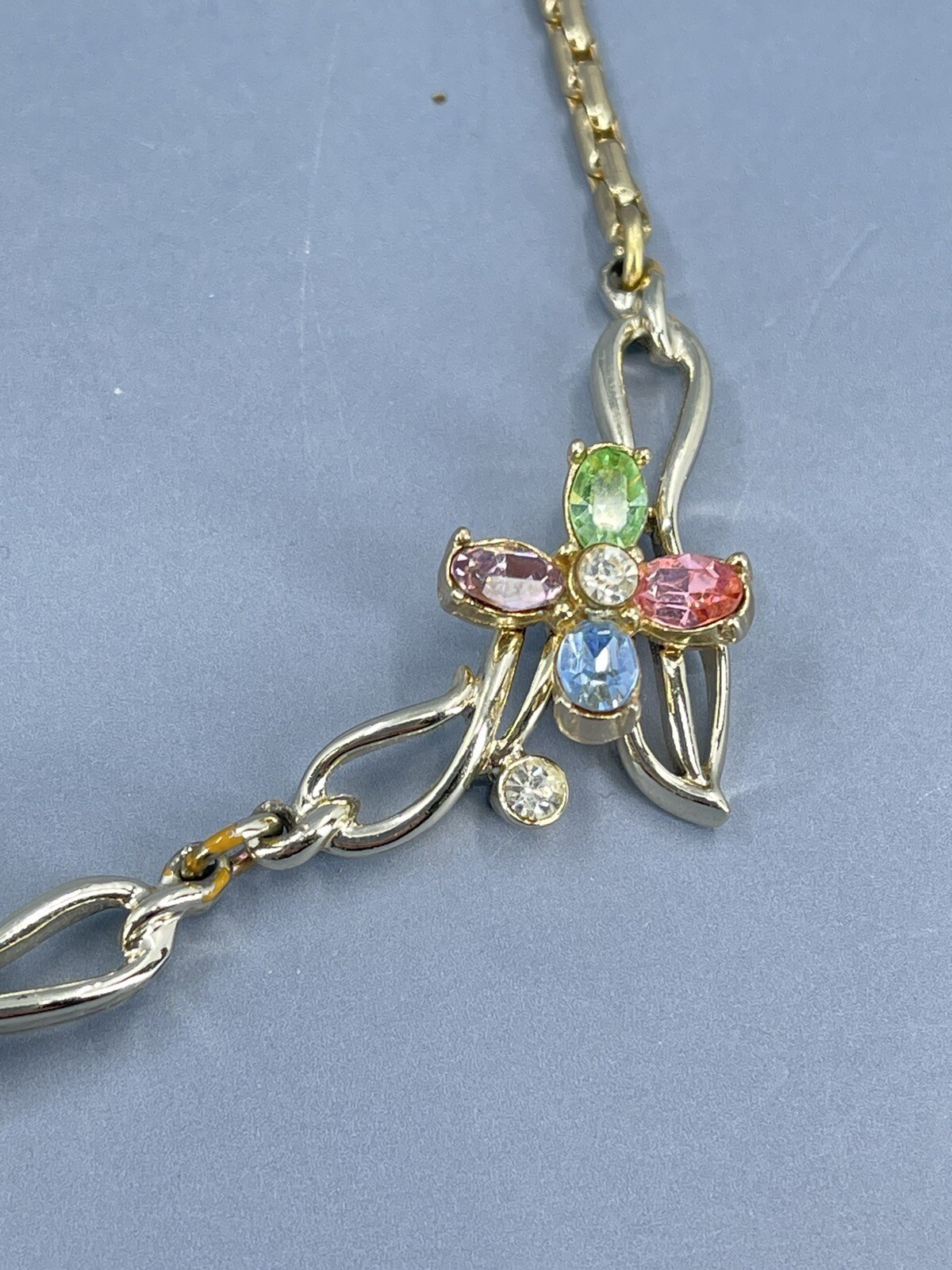Kramer Flower Necklace Choker multi colored Rhinestones gold tone 15″