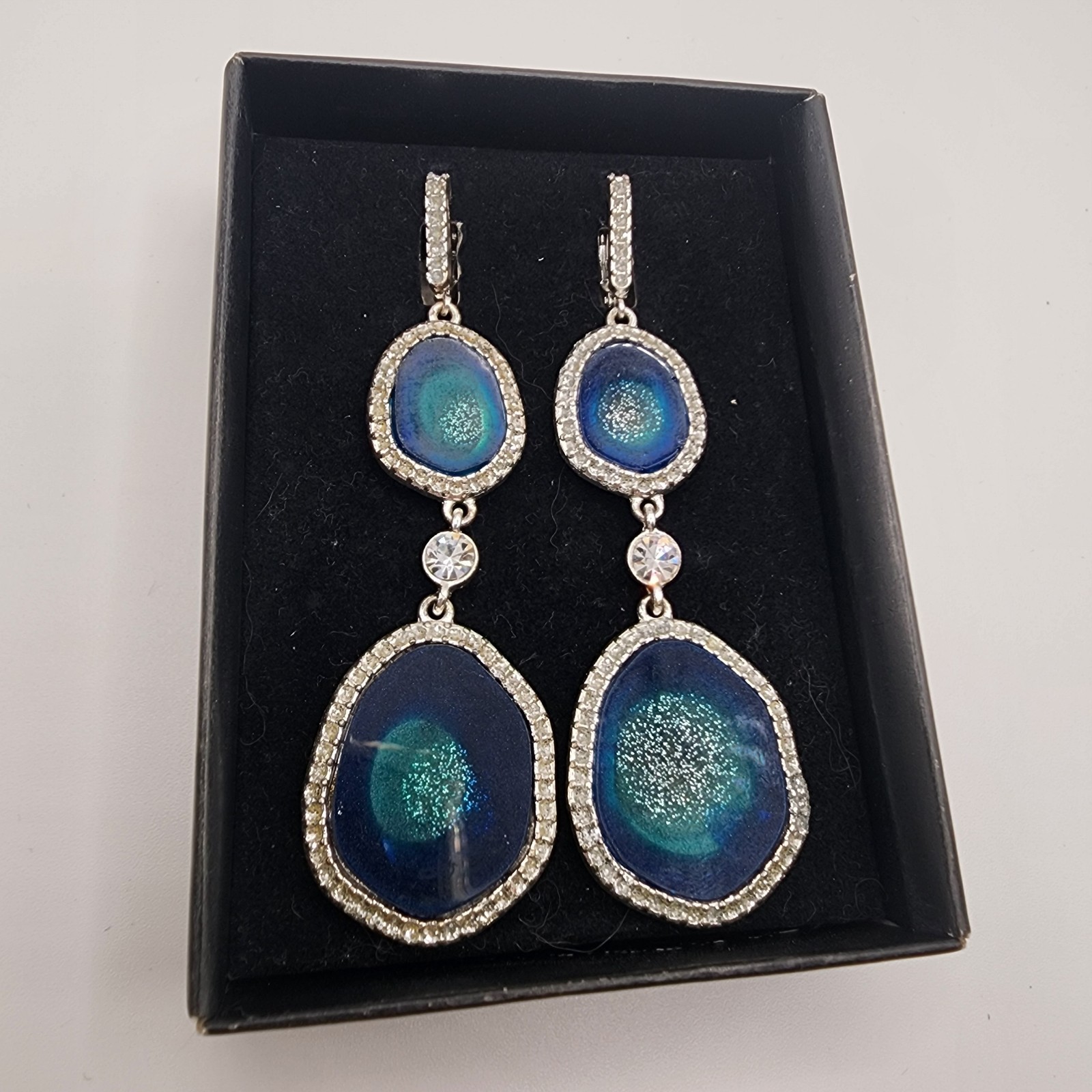 Vintage Silver Tone With Gems Women’s Earrings Geode Slices Stones Dangle Blue!