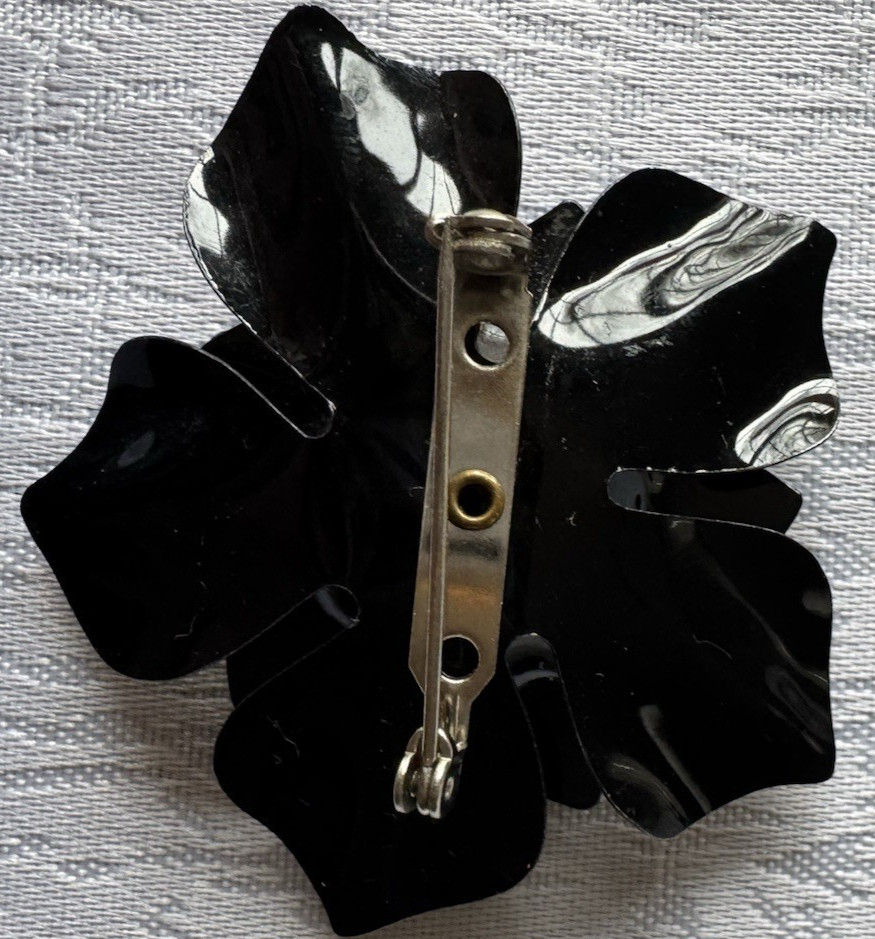 Vintage Black Enamel Flower Brooch Rhinestone Floral Statement Pin Costume Jewel