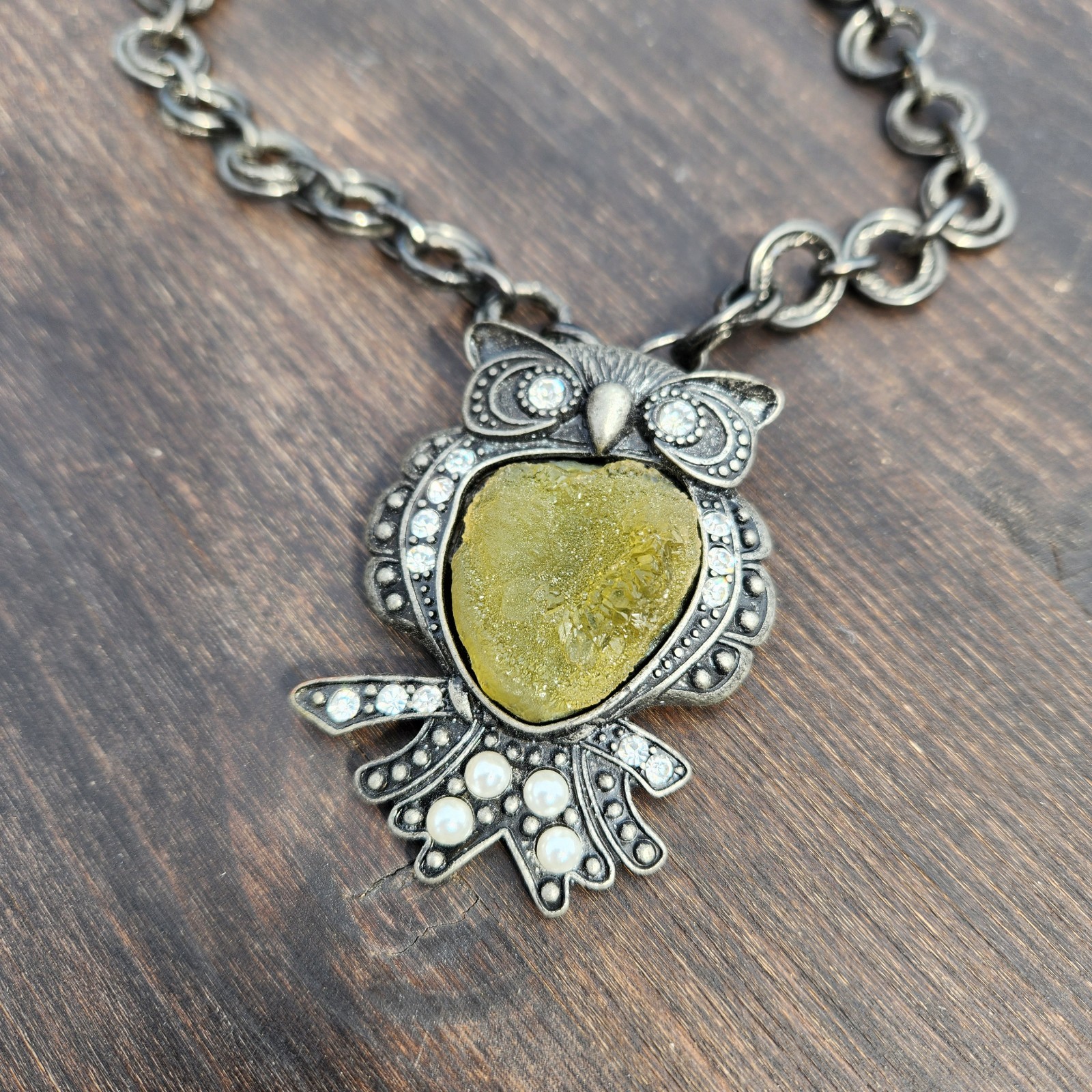 Vintage Semi Precious Uncut Citrine Semi Stone Pearl Gemstone Goth Owl Necklace