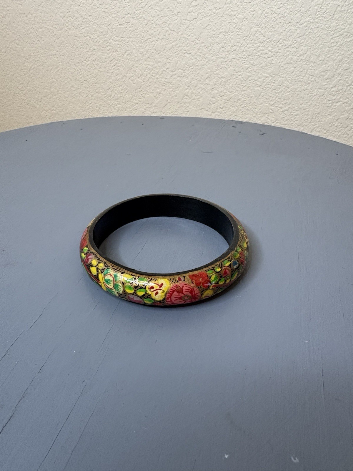 vintage colorful floral painted wood bangle bracelet