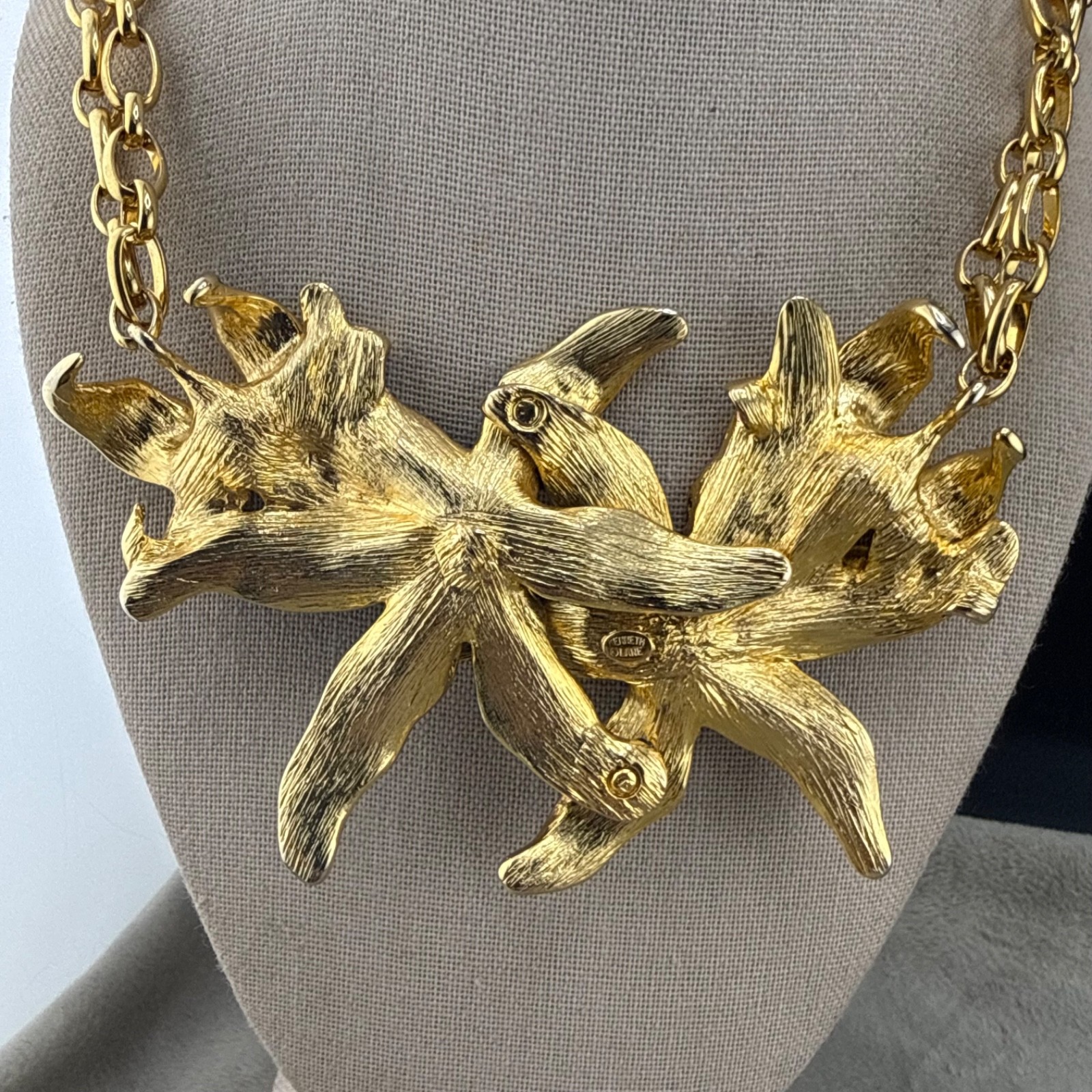 Vintage Kenneth Lane Statement Necklace Gold Tone Purple Lily Flower KJL 16”