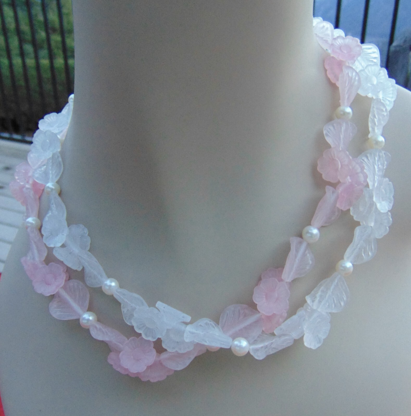 2 VINTAGE NECKLACES!~FROSTED PLASTIC FLOWERS, LEAVES, PEARLS~ GOLD BARREL CLASPS