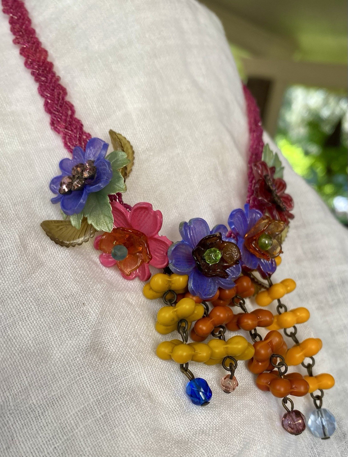 Vintage Glass & Lucite Beaded Floral Necklace with Rhinestone Accents 14-16” Adj