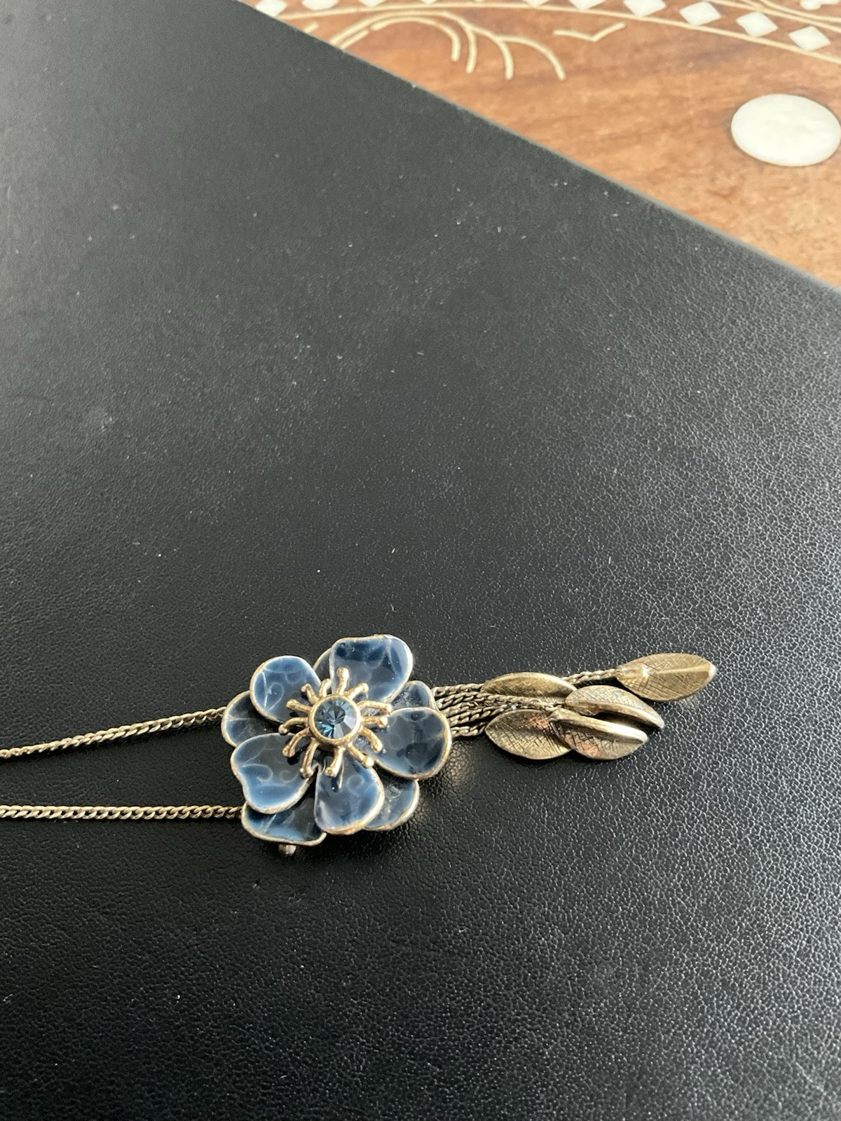 Double Signed Pilgrim Gold Tone Necklace With Blue Enamel Flower Rhinestone Ctr
