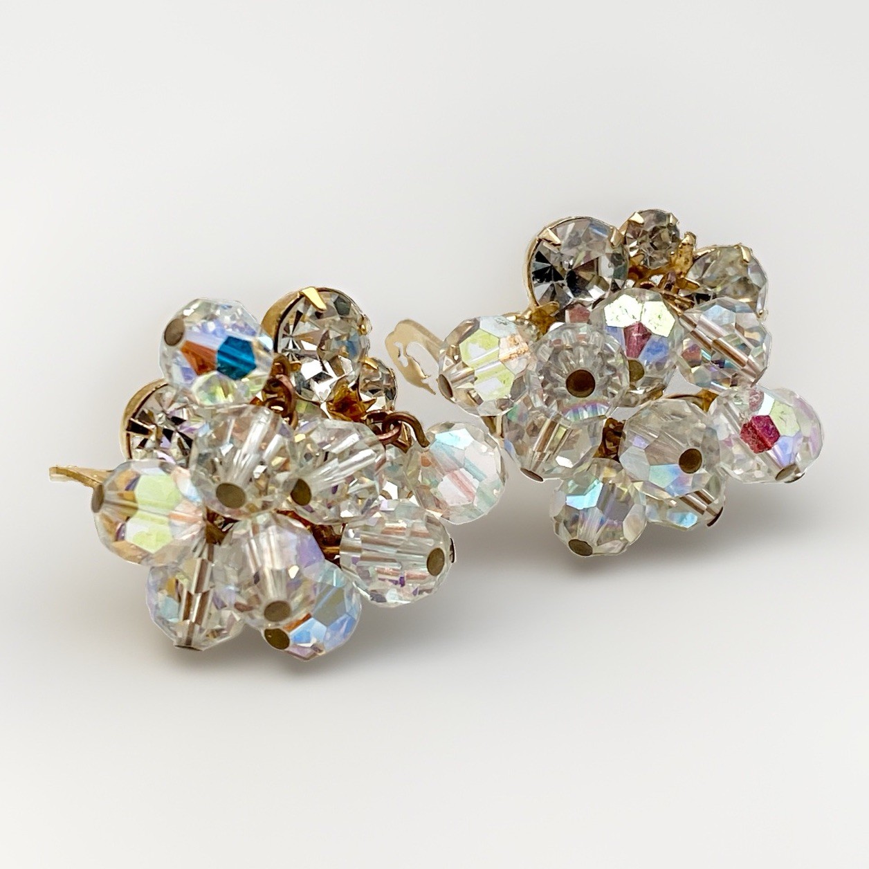 Vintage 1950s Finer Aurora Borealis Crystal Cluster Clip Earrings Bridal Couture