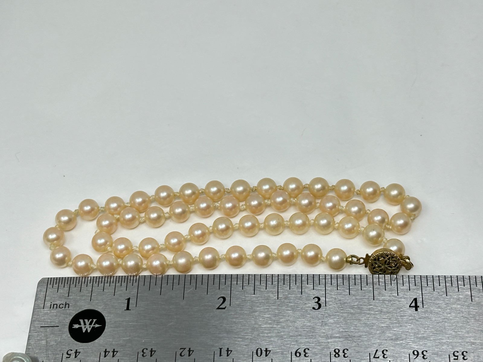 Vintage 6mm Blonde Faux Pearl Beaded 16″ Necklace Gold Tone Clasp
