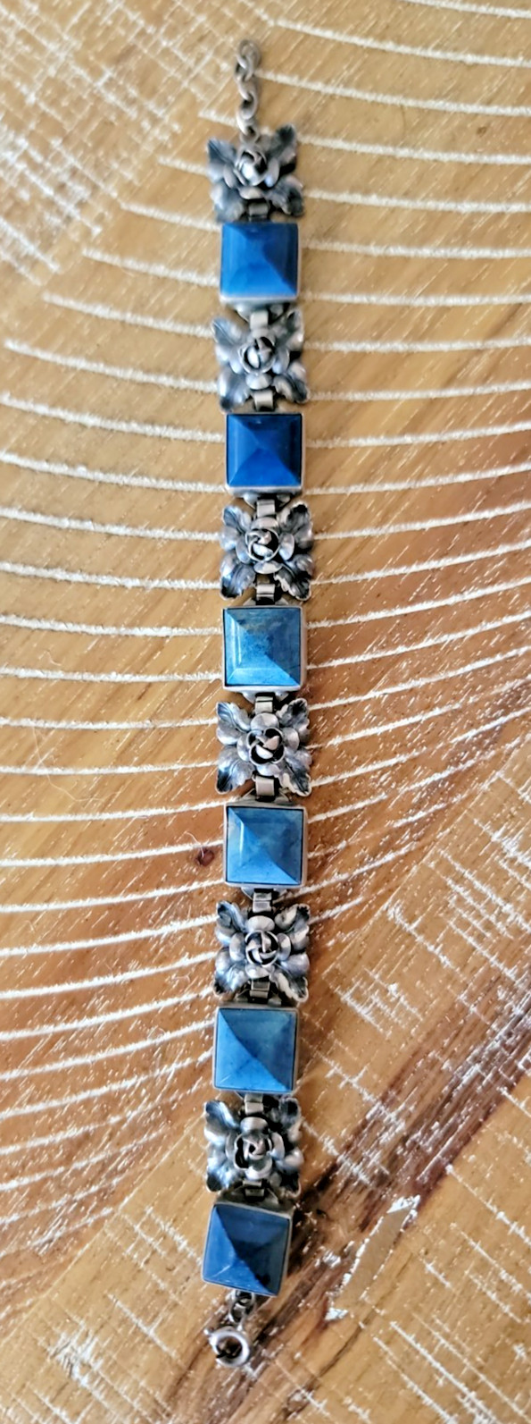 Antique Silver Cabbage Rose and Blue Link Bracelet