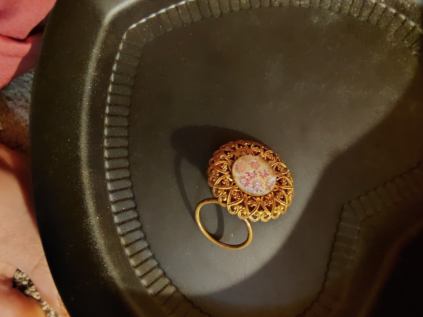 Vintage Western Germany Iridescent Flowers Filigree Scarf Clip Holder Gold Tone