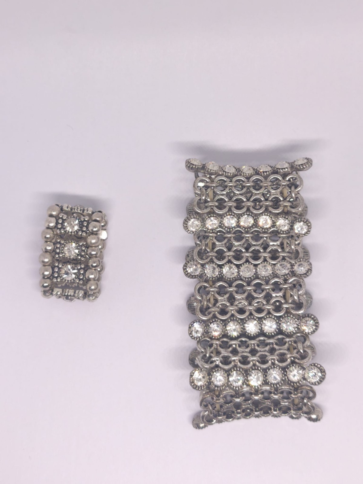 Vintage Wide Silver Tone Rhinestone Chain Link Cuff Bracelet Statement Jewelry