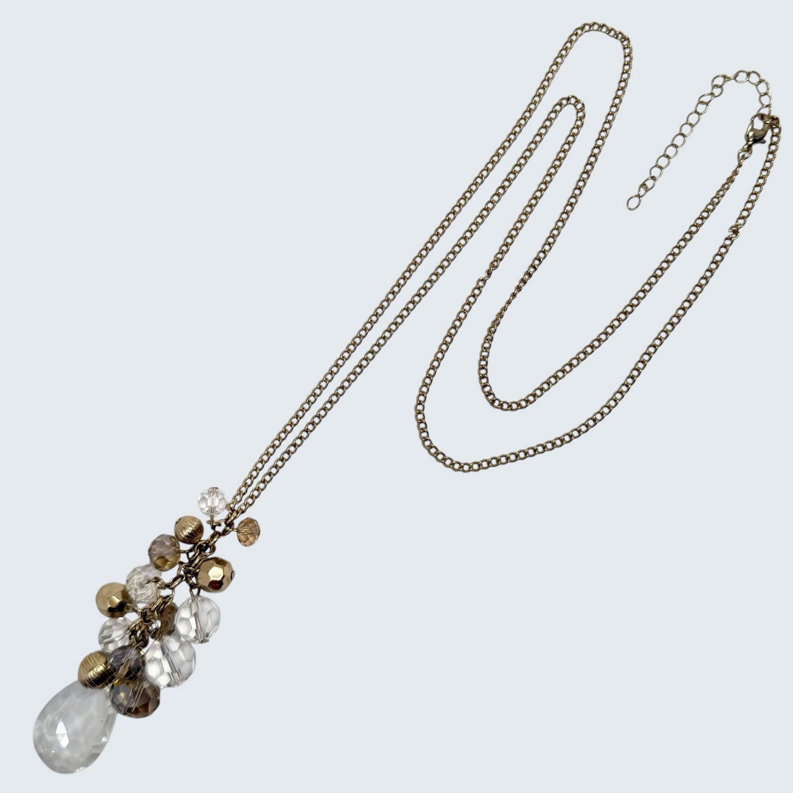 Vtg Clear Acrylic Cluster Gold Tone Beads Teardrop Long Pendant Necklace
