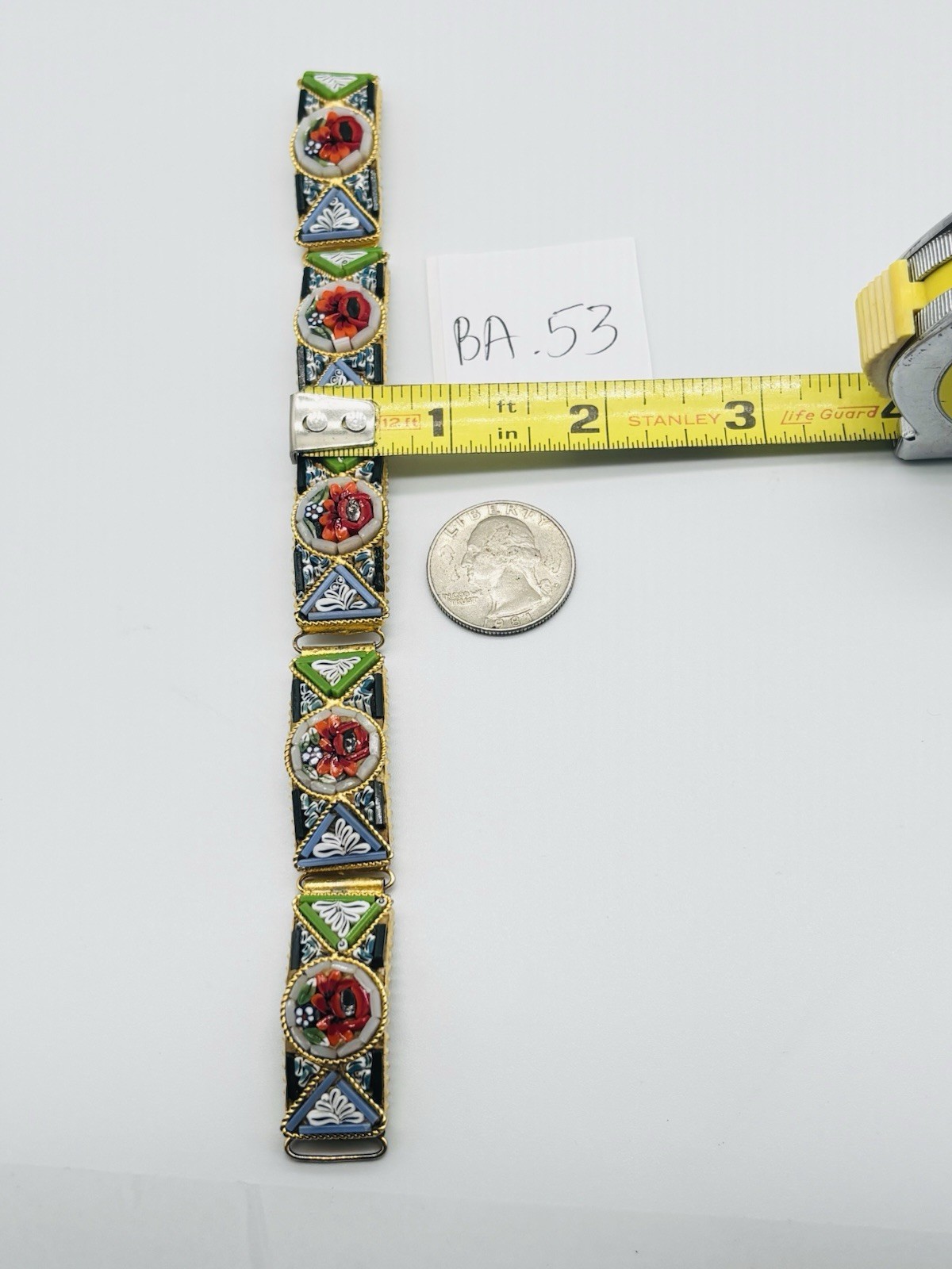 Vtg ITALIAN Mosaic Flower Red Green Yellow Gold Tone Bracelet