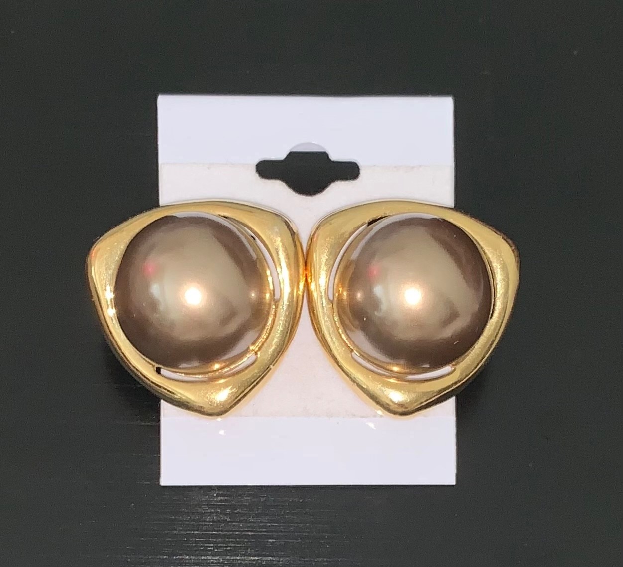 Vtg. Ciner New Old Stock Faux Mabe Pearl & Gold Triangle Clip-On Earrings*Estate