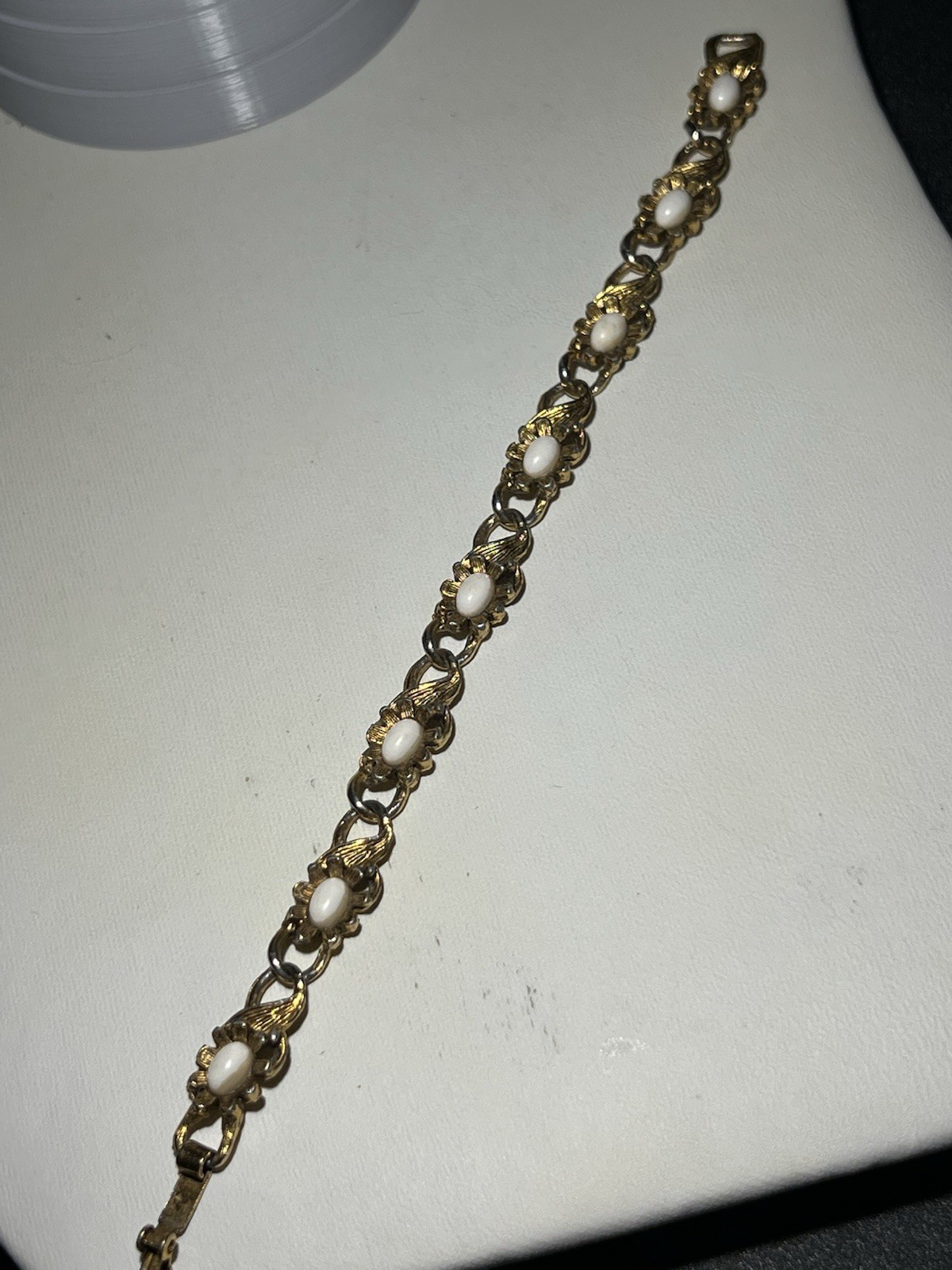 Vintage LJM Gold Victorian Revival Milk Glass Stone Bracelet 6.5”