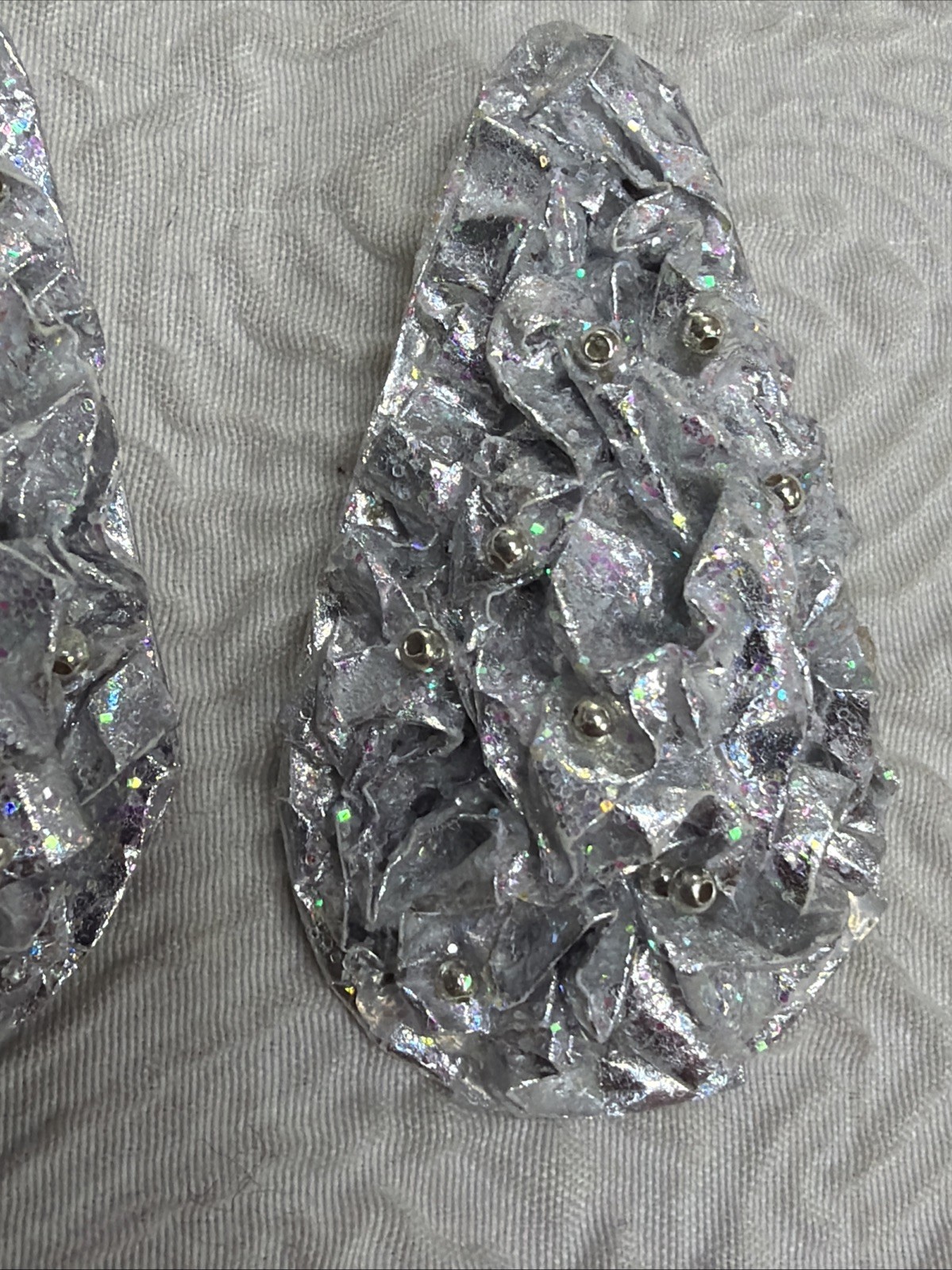 Vintage Artisan Crinkled Metallic Surface Elongated Teardrop Clip on 2”Earrings